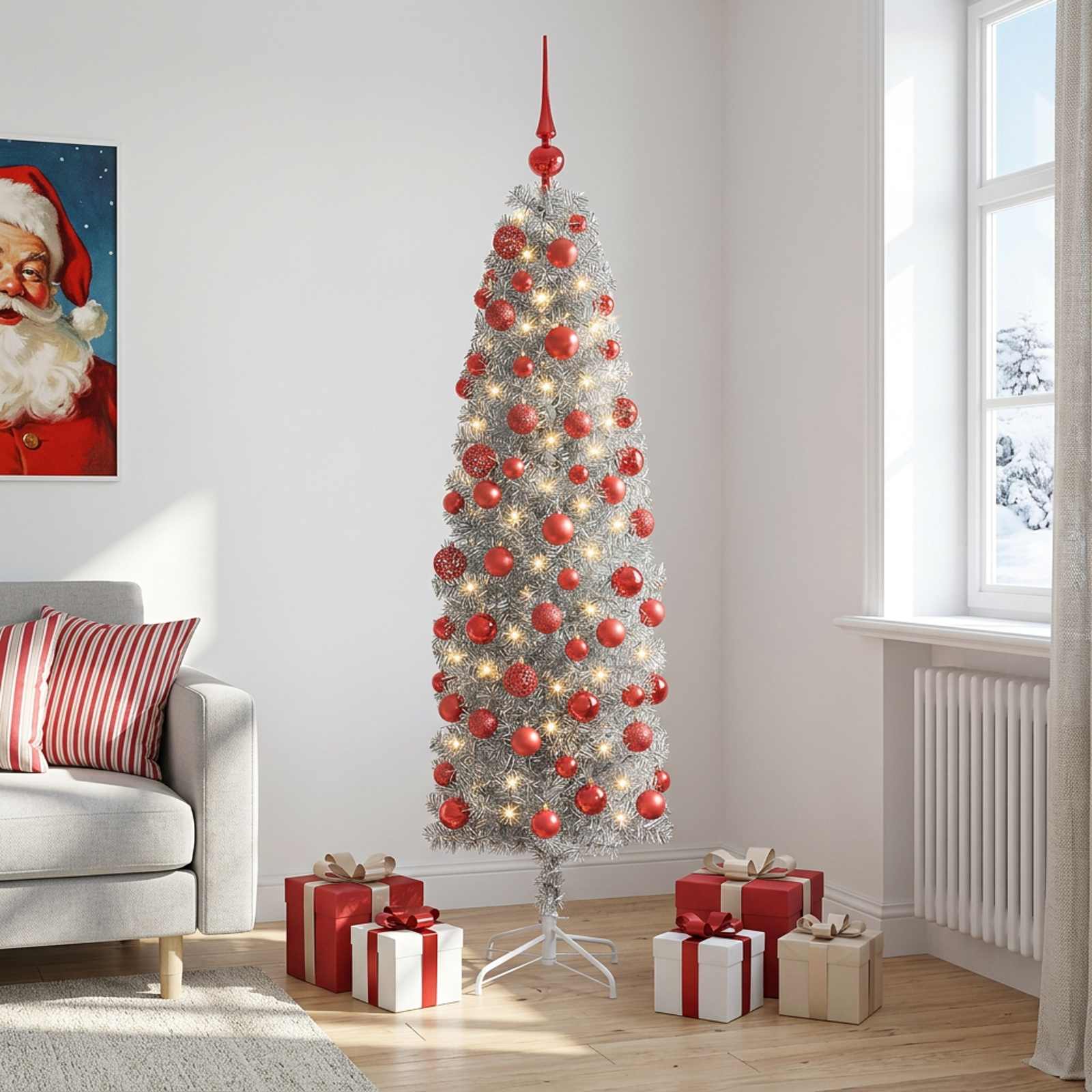 Umetno ozko božično drevesce z božično kroglico 180 cm 300 LED