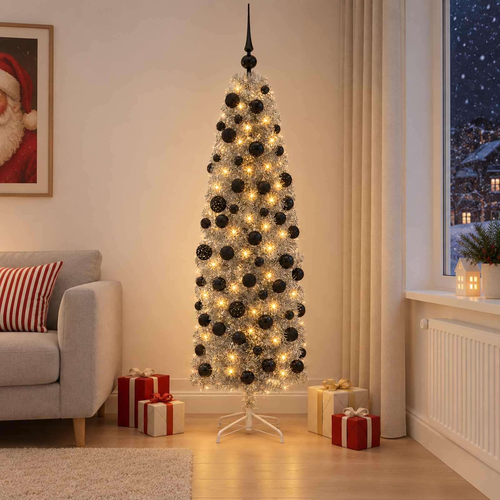 vidaXL Kunstig smalt juletre med julekuler 180 cm 300 LED-lys Varmhvit