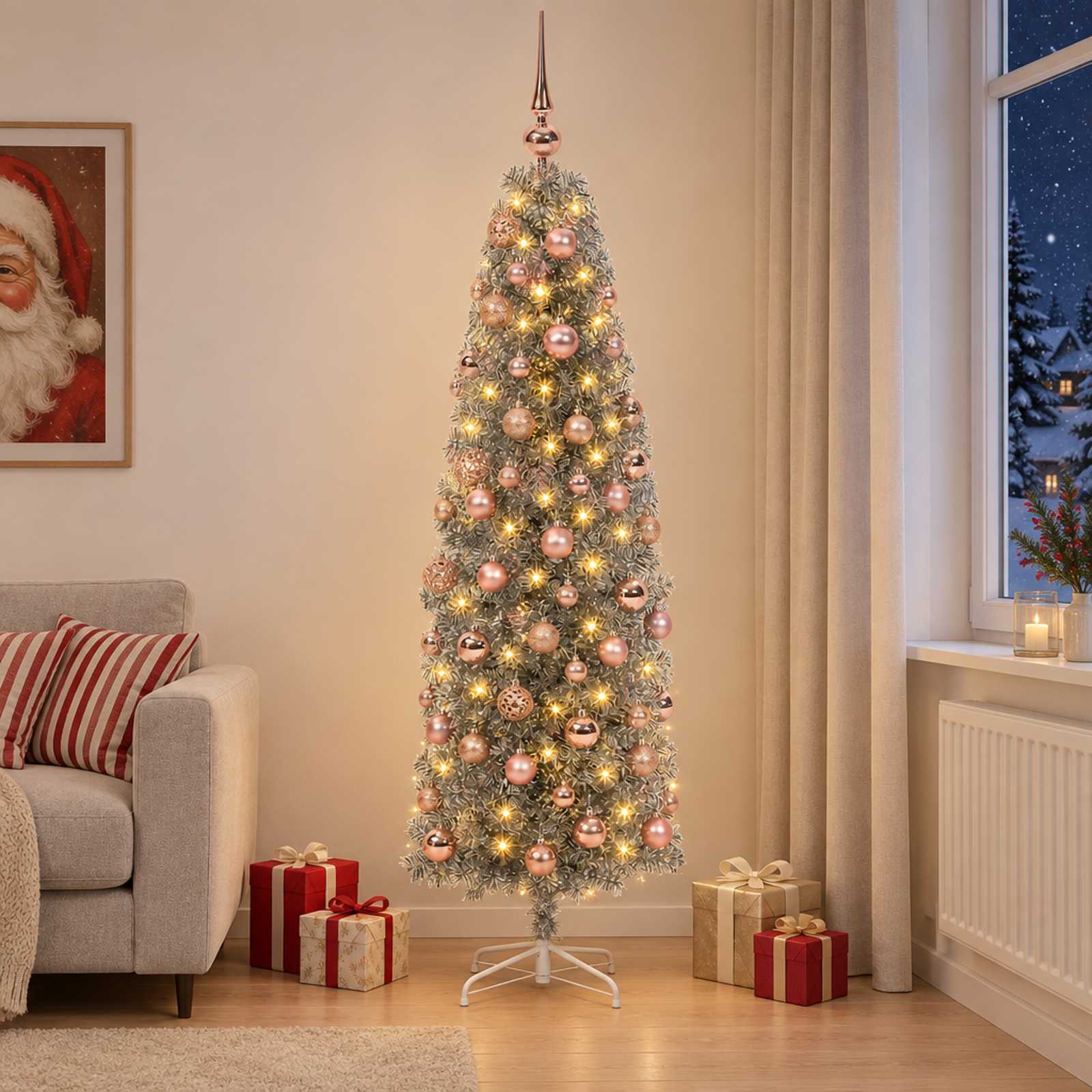 vidaXL Kunstig smalt juletre med julekuler 180 cm 300 LED-lys Varmhvit