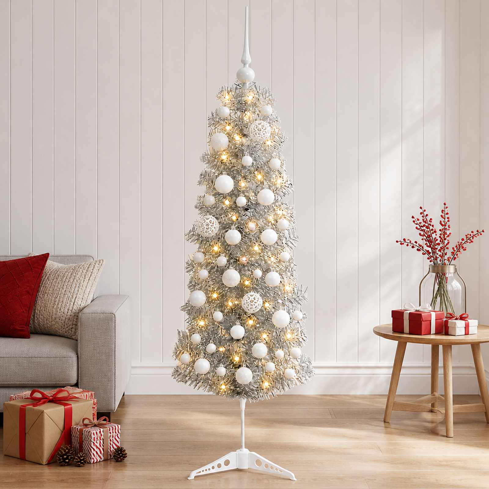 Smalle kunstkerstboom met kerstballen 150 cm 150 LED's Warmwit