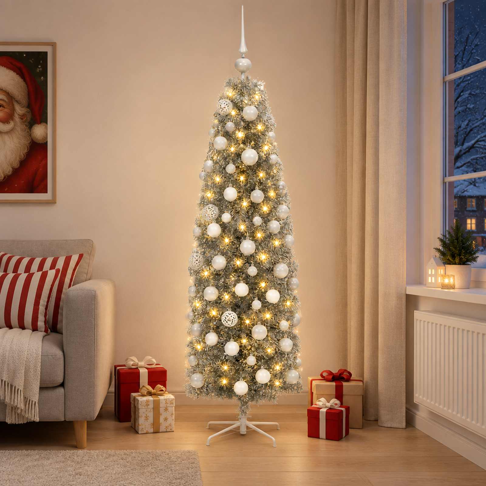 Smalle kunstkerstboom met kerstballen 180 cm 300 LED's Warmwit