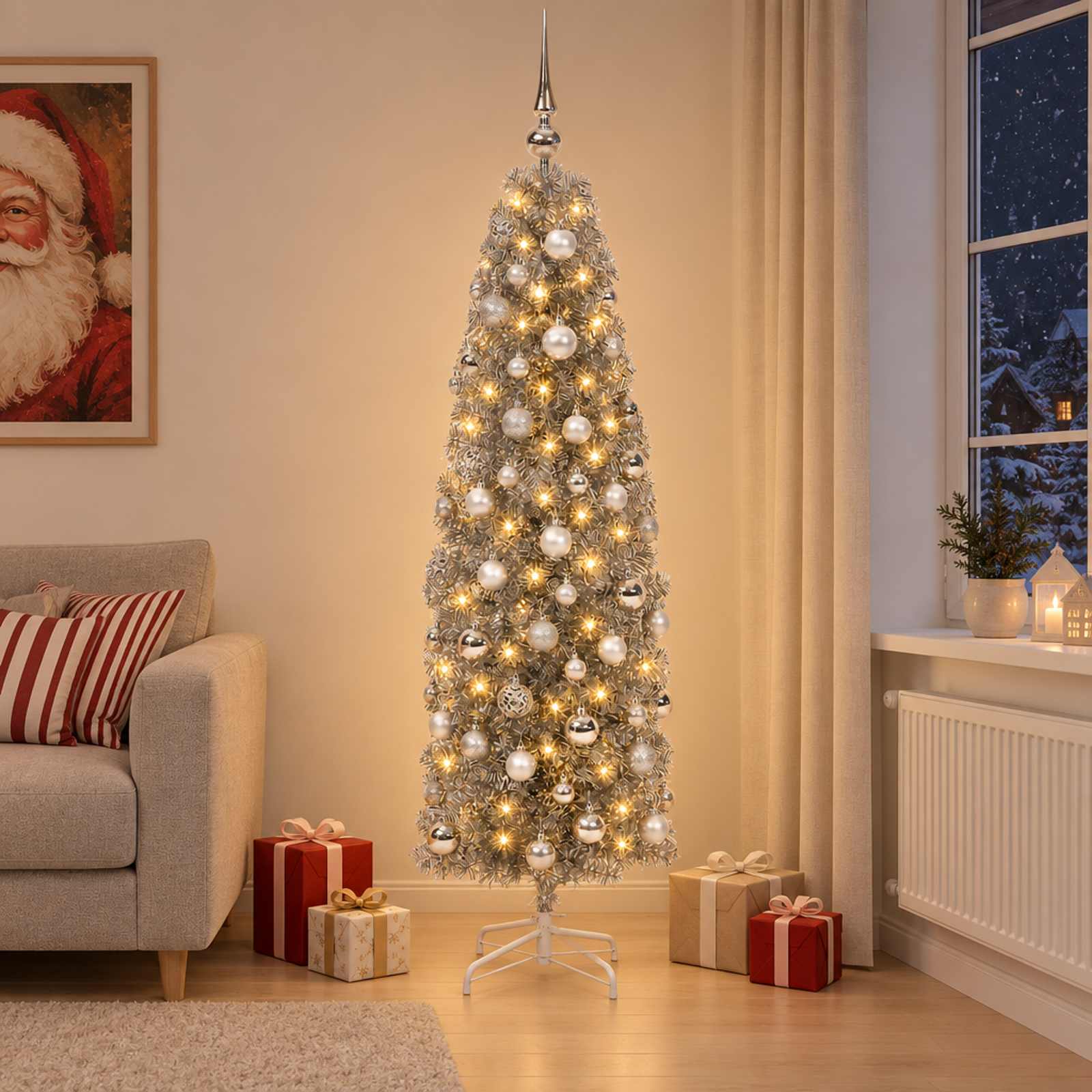 Umetno ozko božično drevesce z božično kroglico 180 cm 300 LED