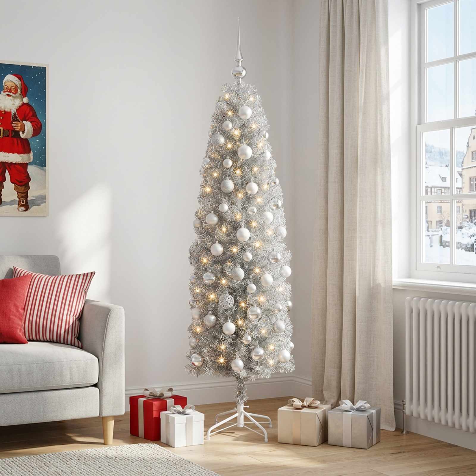 Umetno ozko božično drevesce z božično kroglico 180 cm 300 LED