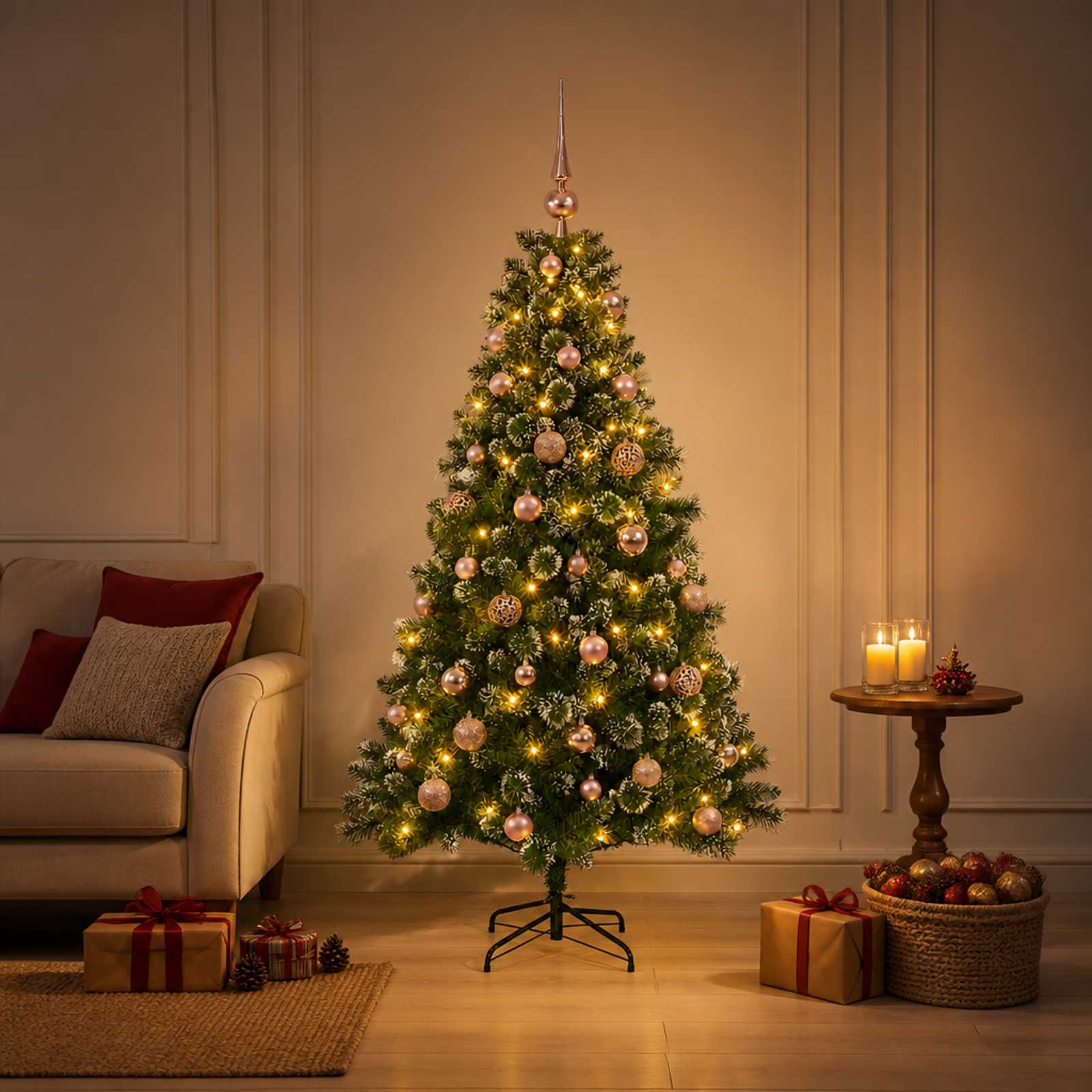 Umjetno božično drevo z okrasnimi kroglami 150 cm 150 LED