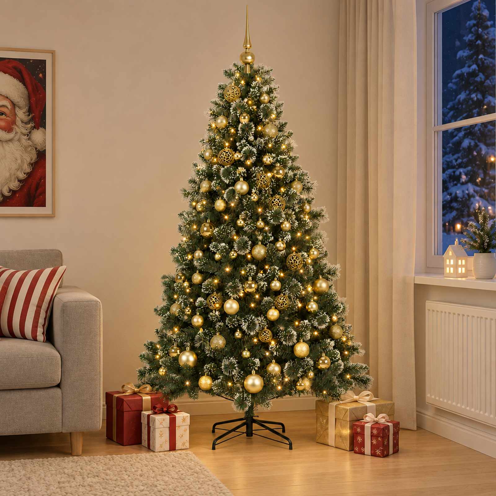 vidaXL Kunstigt juletræ med julekugle 180 cm 300 LED'er Varm hvid