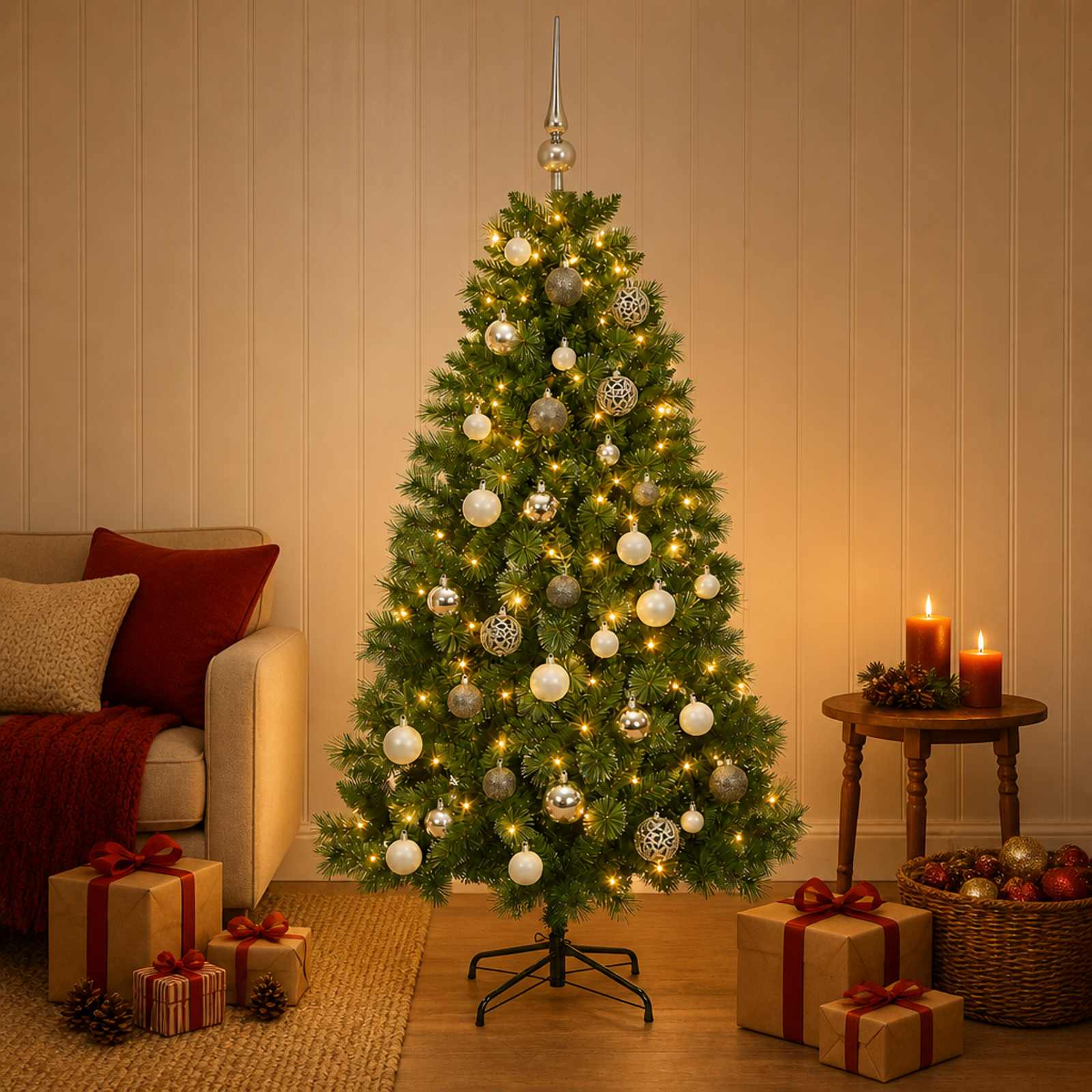 Umetno božično drevesce z božičnimi kroglicami 150 cm 150 LED