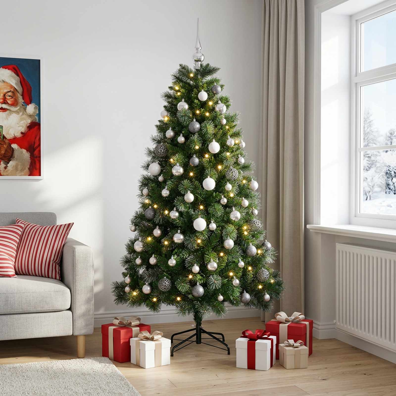 Umetno božično drevesce z novoletnimi kroglicami 240 cm 300 LED