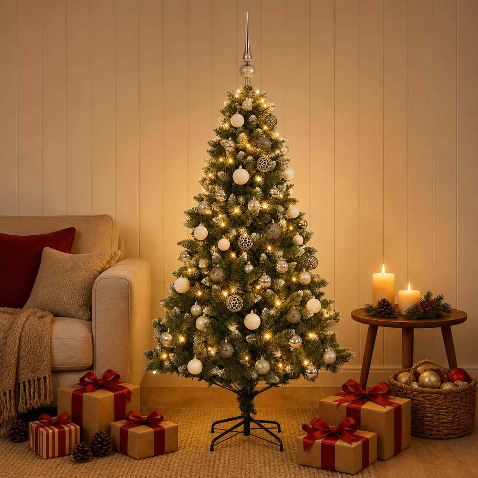 vidaXL Kunstig juletræ med kugler 150 cm 150 LED'er Varm hvid