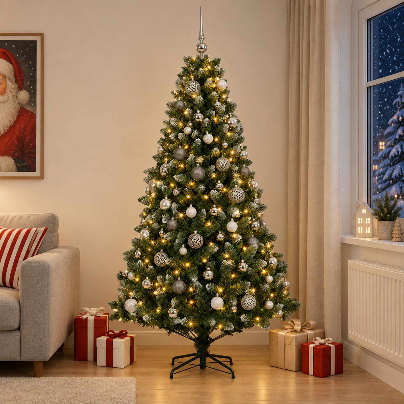 vidaXL Kunstig juletræ med kugler 240 cm 300 LED'er Varm hvid