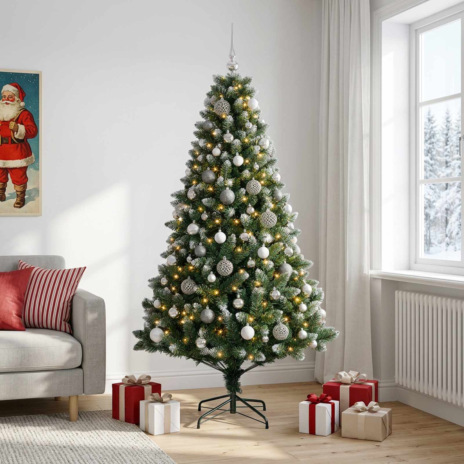 Umjetno božično drevo z okrasnimi kroglami 210 cm 300 LED