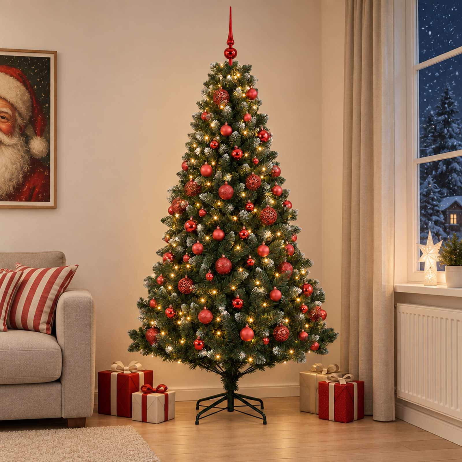 vidaXL Kunstig juletræ med kugler 240 cm 300 LED'er Varm hvid