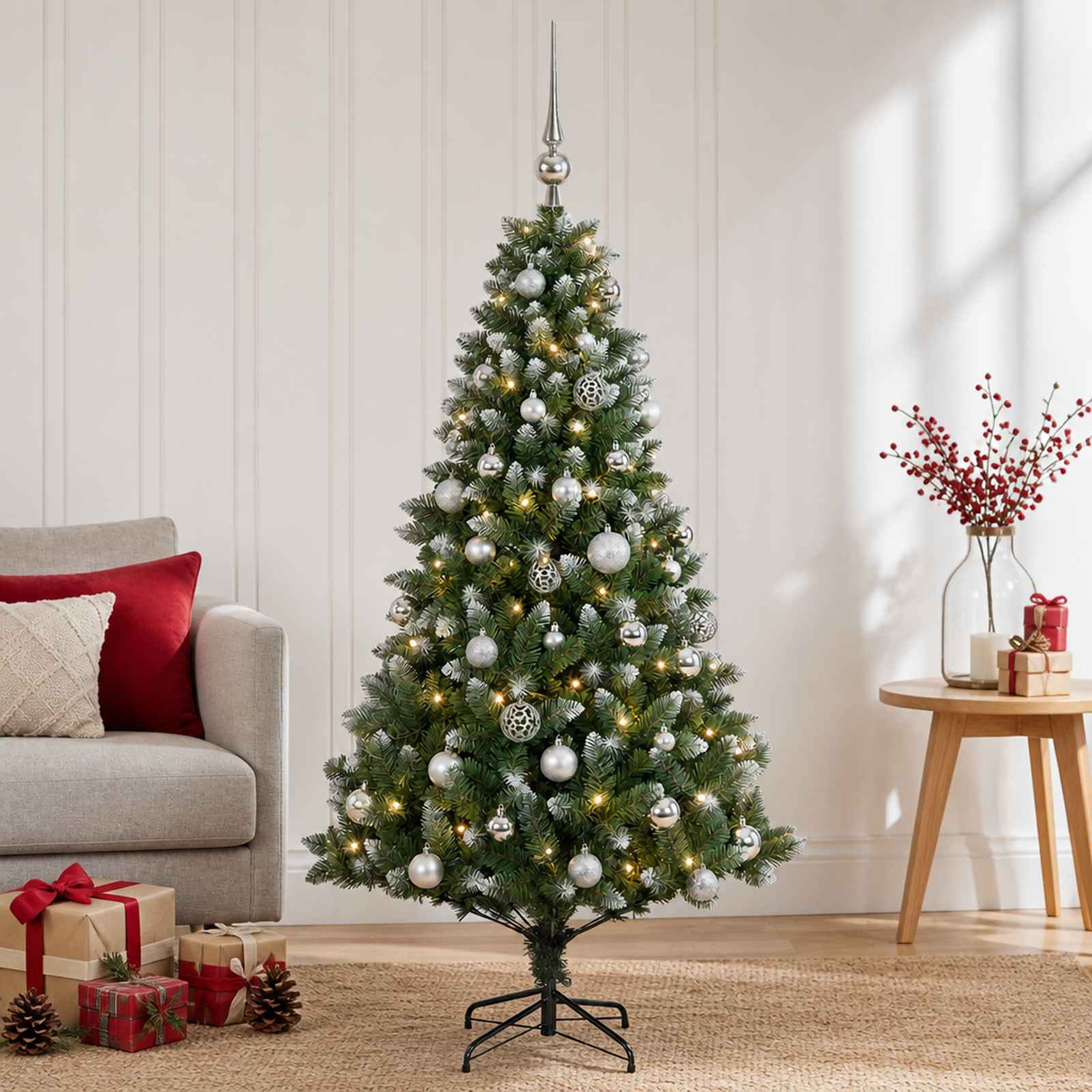 Umjetno božično drevo z okrasnimi kroglami 150 cm 150 LED