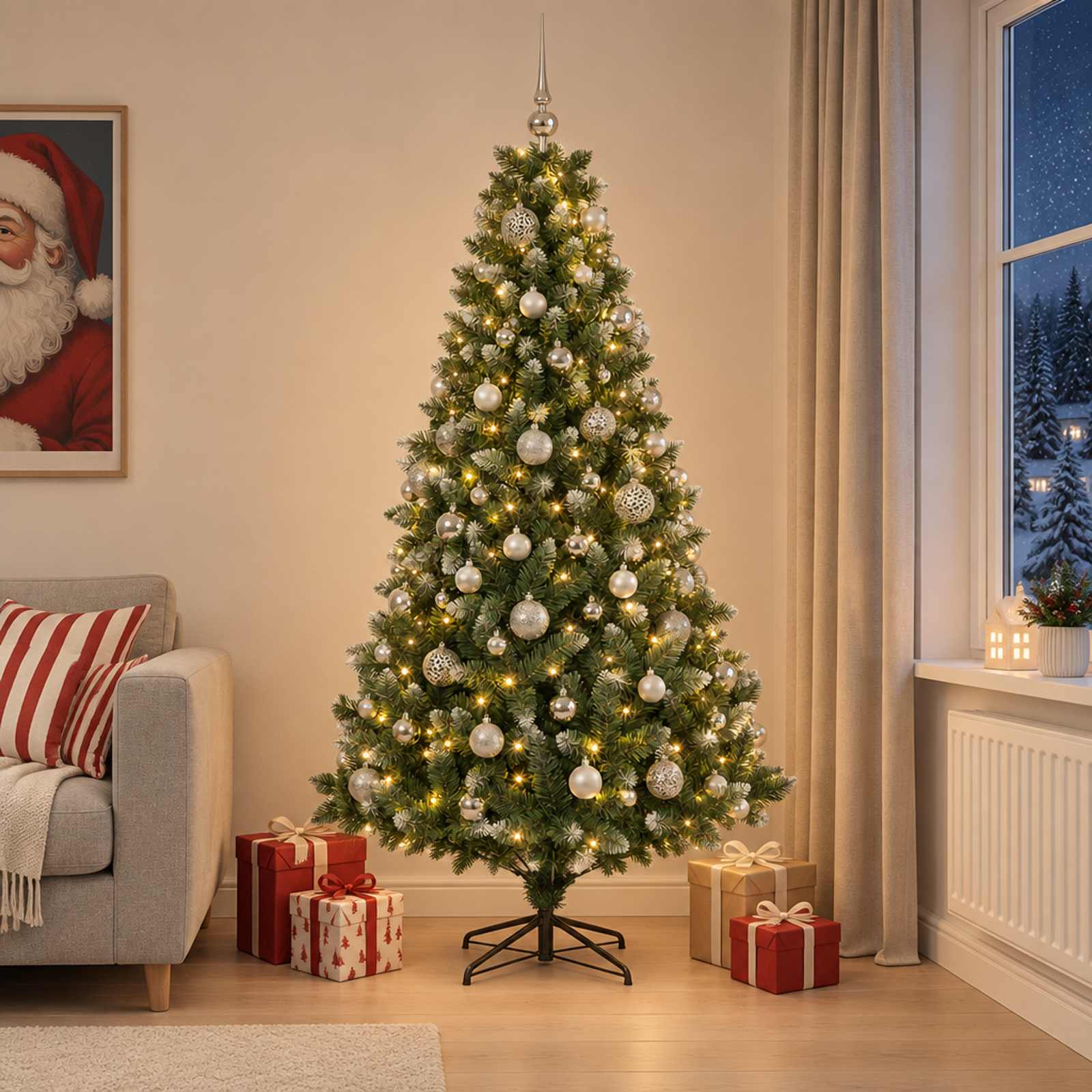 vidaXL Kunstig juletræ med kugler 240 cm 300 LED'er Varm hvid