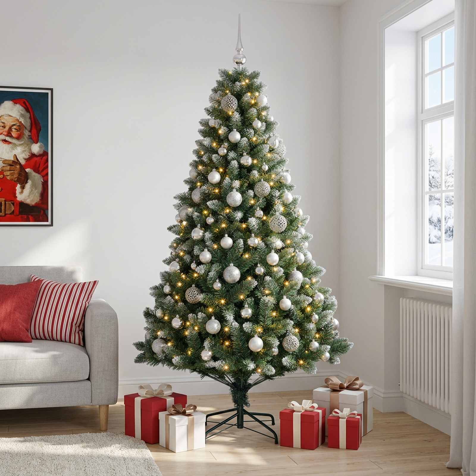 Umjetno božično drevo z okrasnimi kroglami 210 cm 300 LED