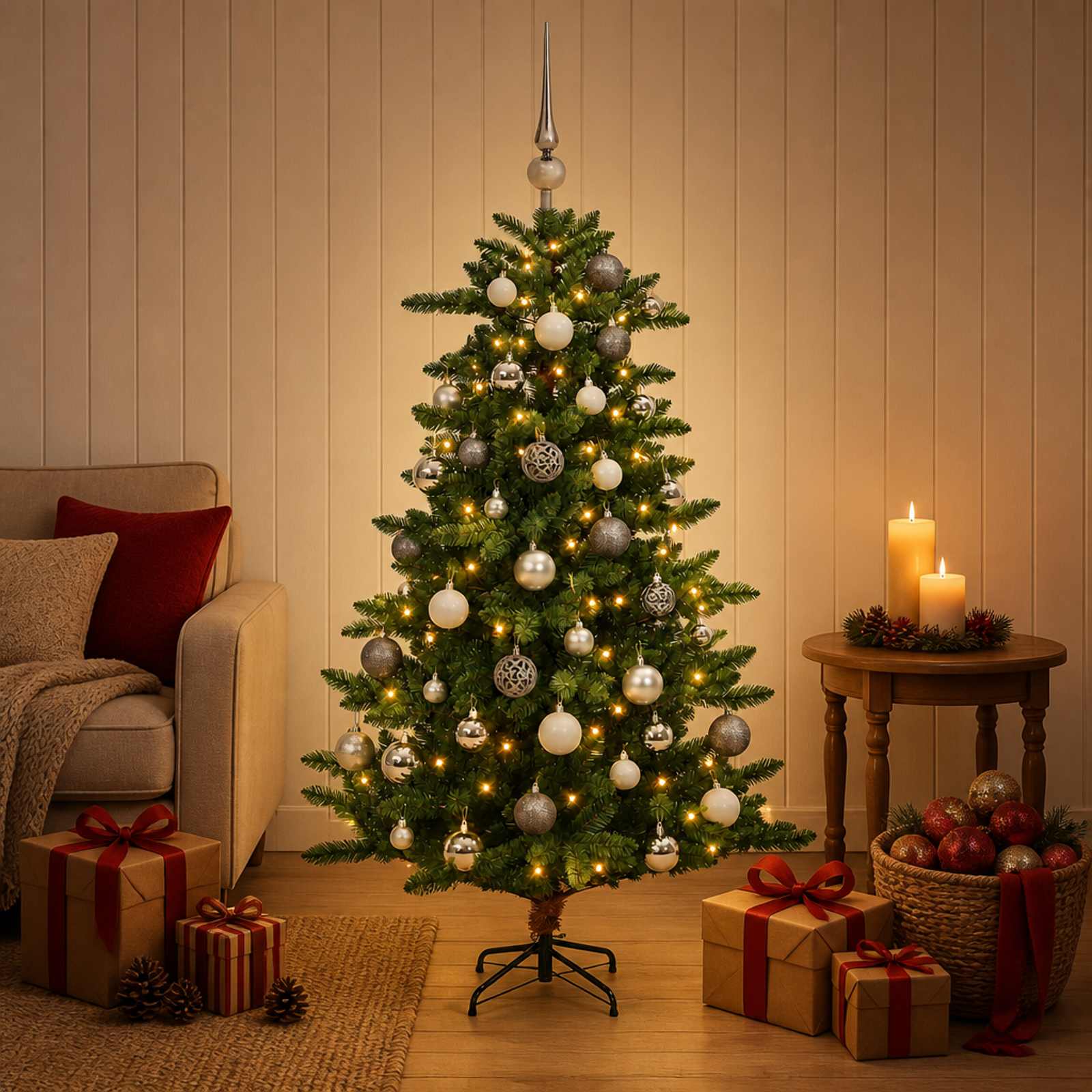 Umjetno božično drevo z okrasnimi kroglami 150 cm 150 LED