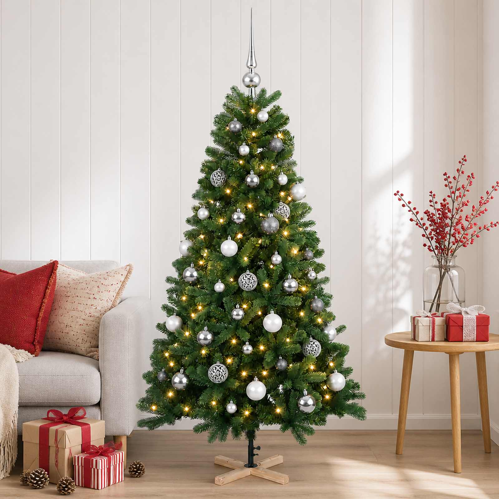Umetna božična jelka z bučko 150 cm 150 LED Toplo bela PVC