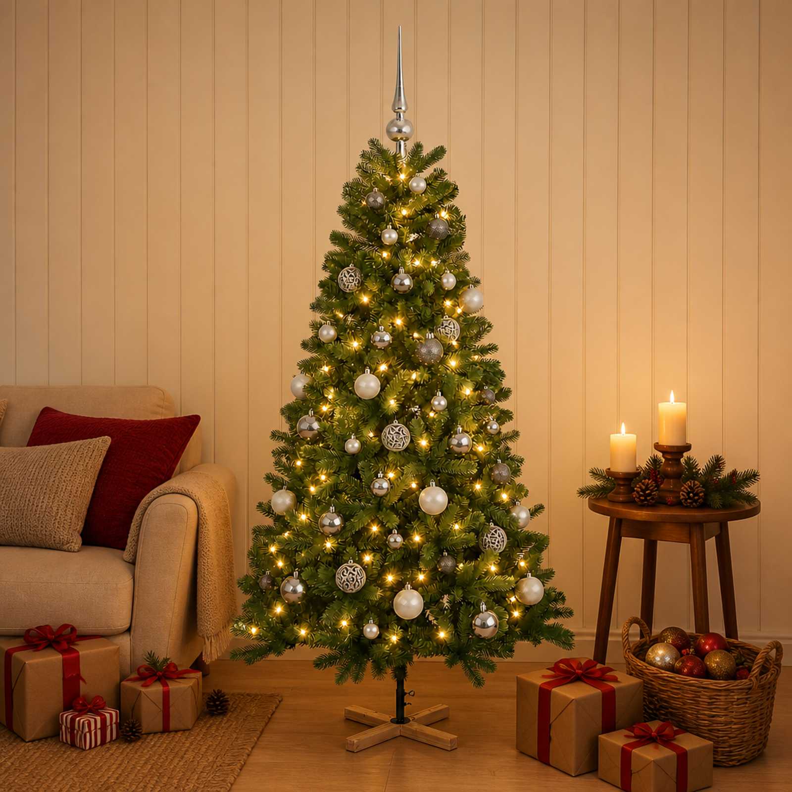 Umetna božična jelka z bučko 150 cm 150 LED Toplo bela PVC