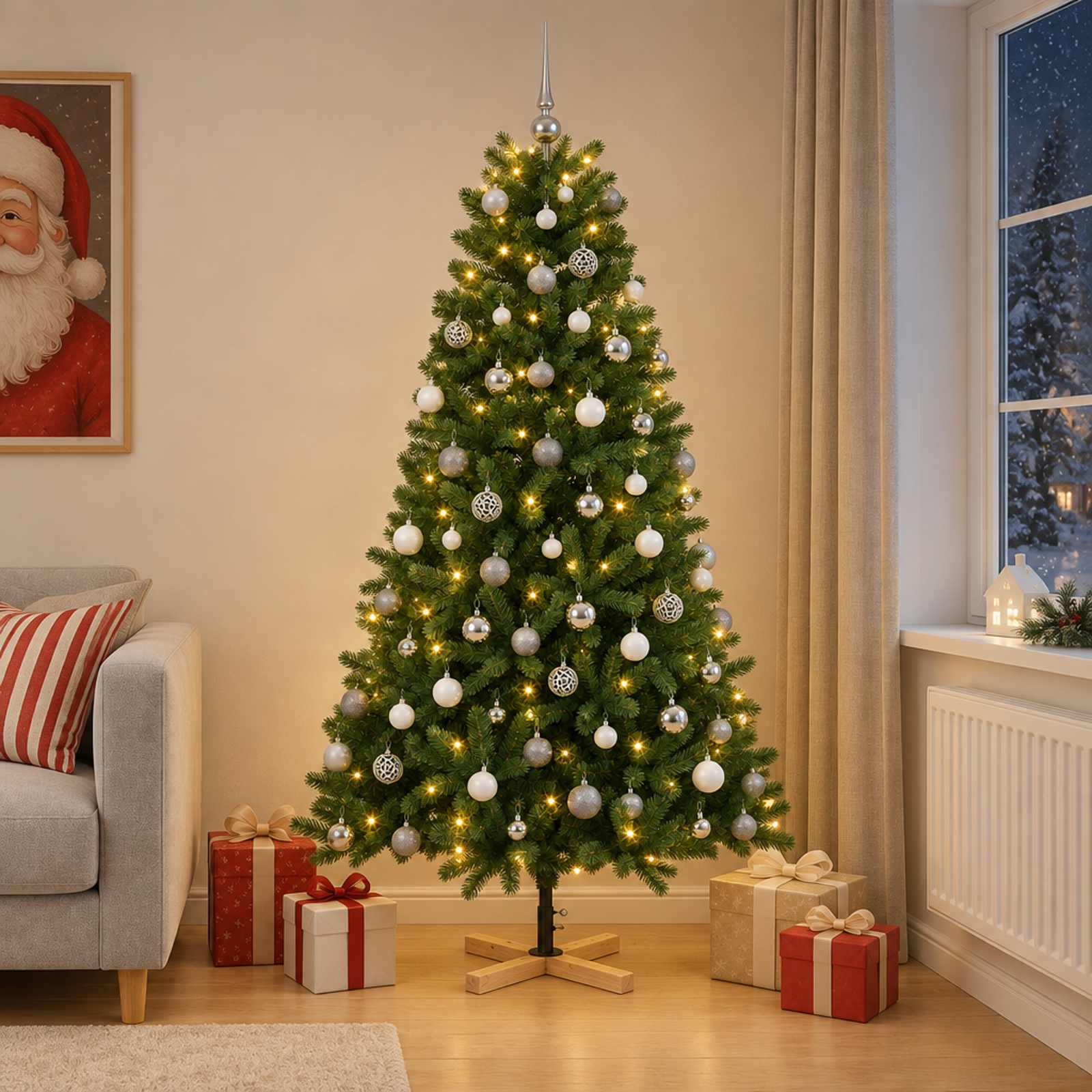 vidaXL Kunstigt juletræ med julekugle 240 cm 300 LED'er Varm hvid PVC