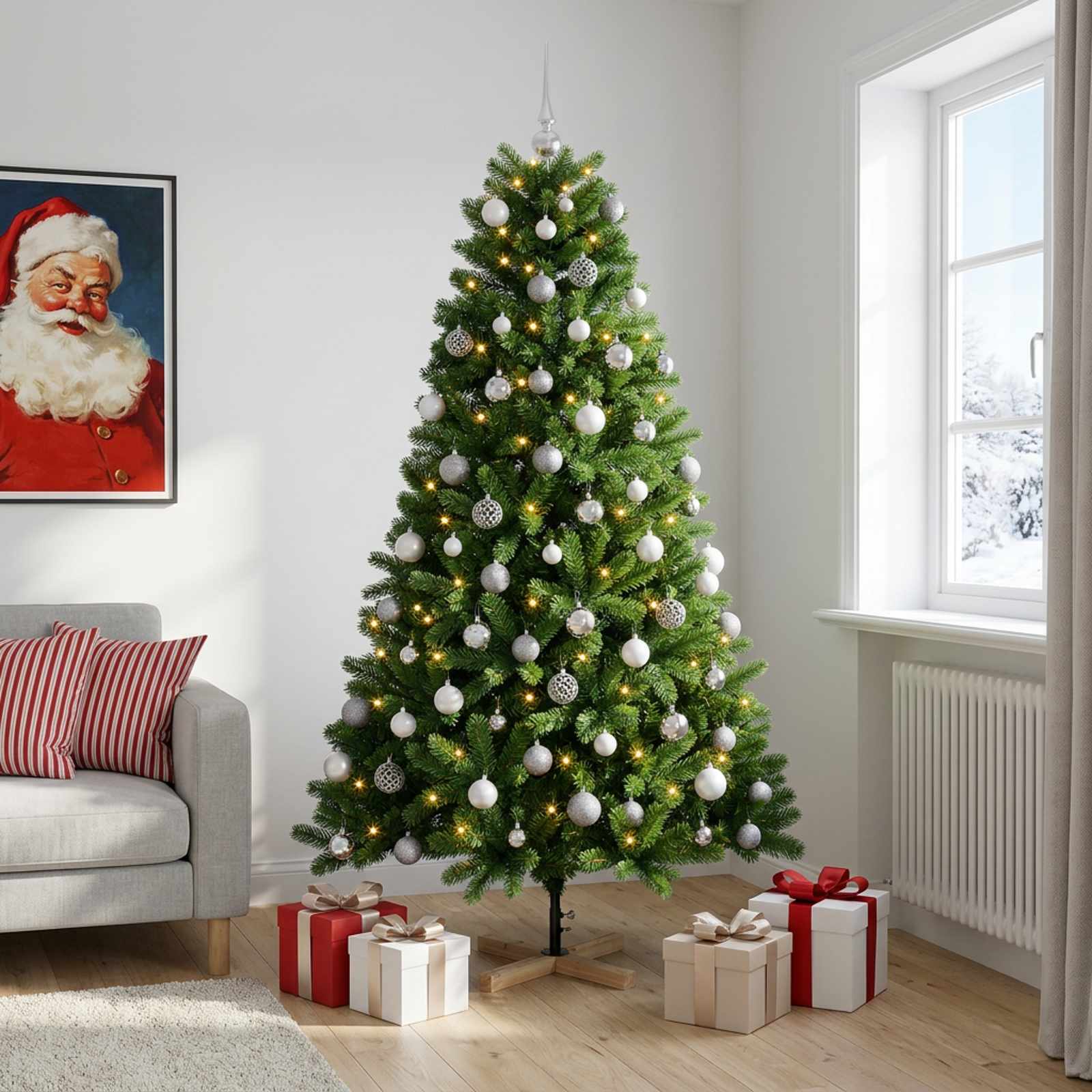Umetna božična jelka z bučko 180 cm 300 LED Toplo bela PVC