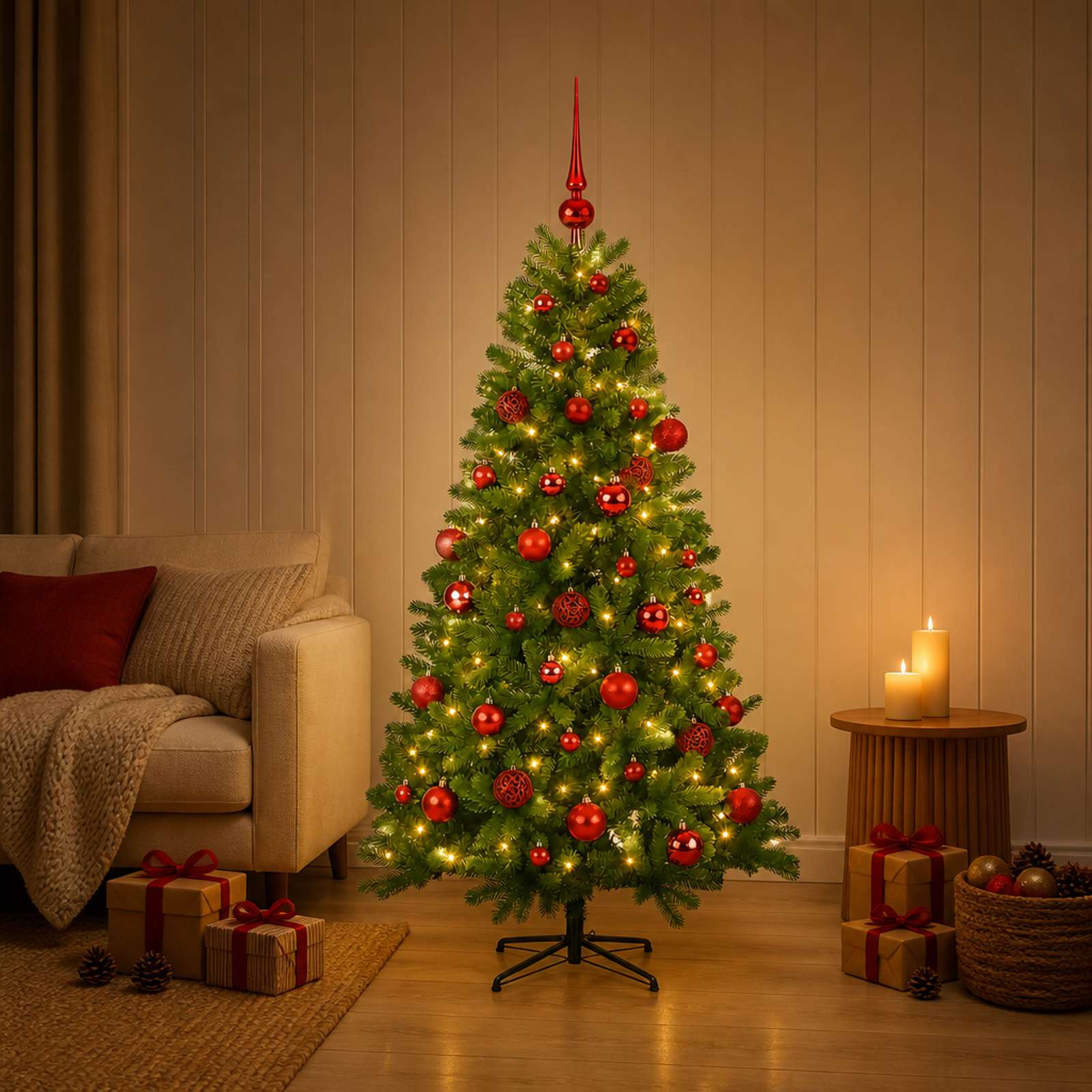 vidaXL Kunstig juletre med julekuler 120 cm 150 LED-lys Varmhvit PVC