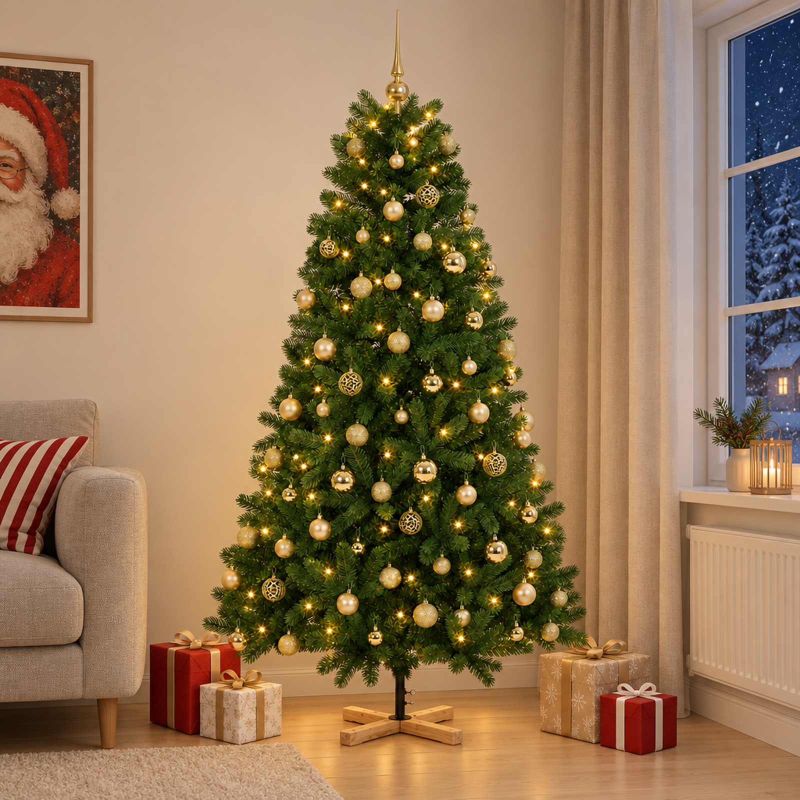 Umetna božična jelka z bučko 180 cm 300 LED Toplo bela PVC