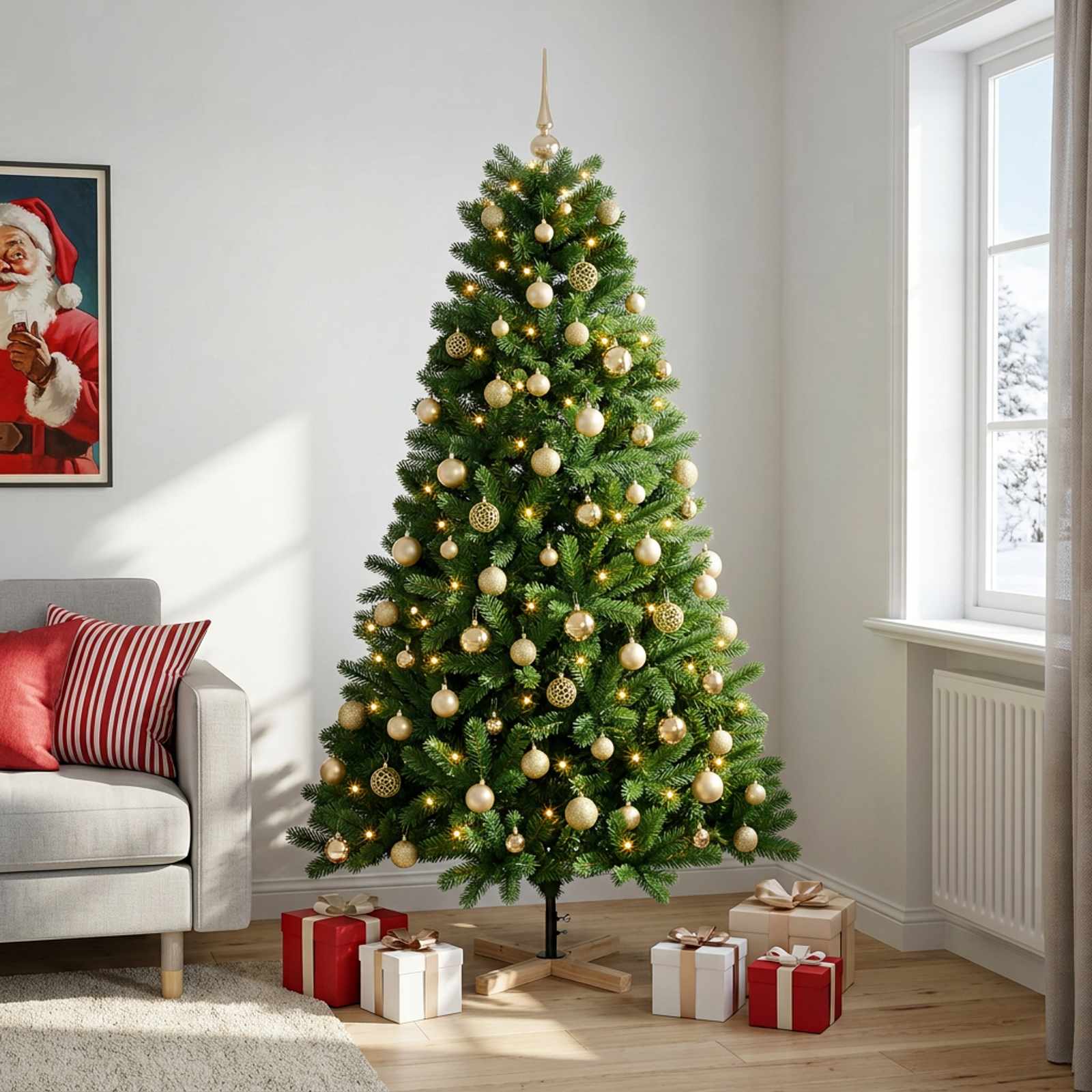 Umetna božična jelka z bučko 180 cm 300 LED Toplo bela PVC
