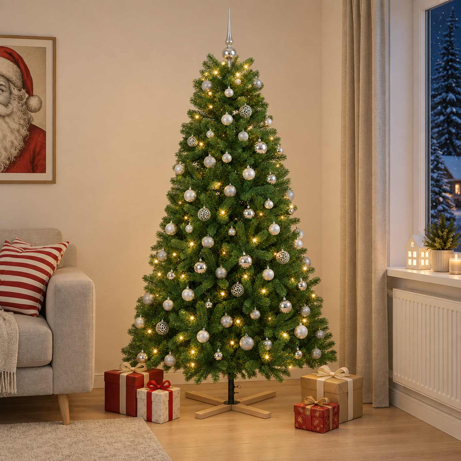 Umetna božična jelka z bučko 180 cm 300 LED Toplo bela PVC