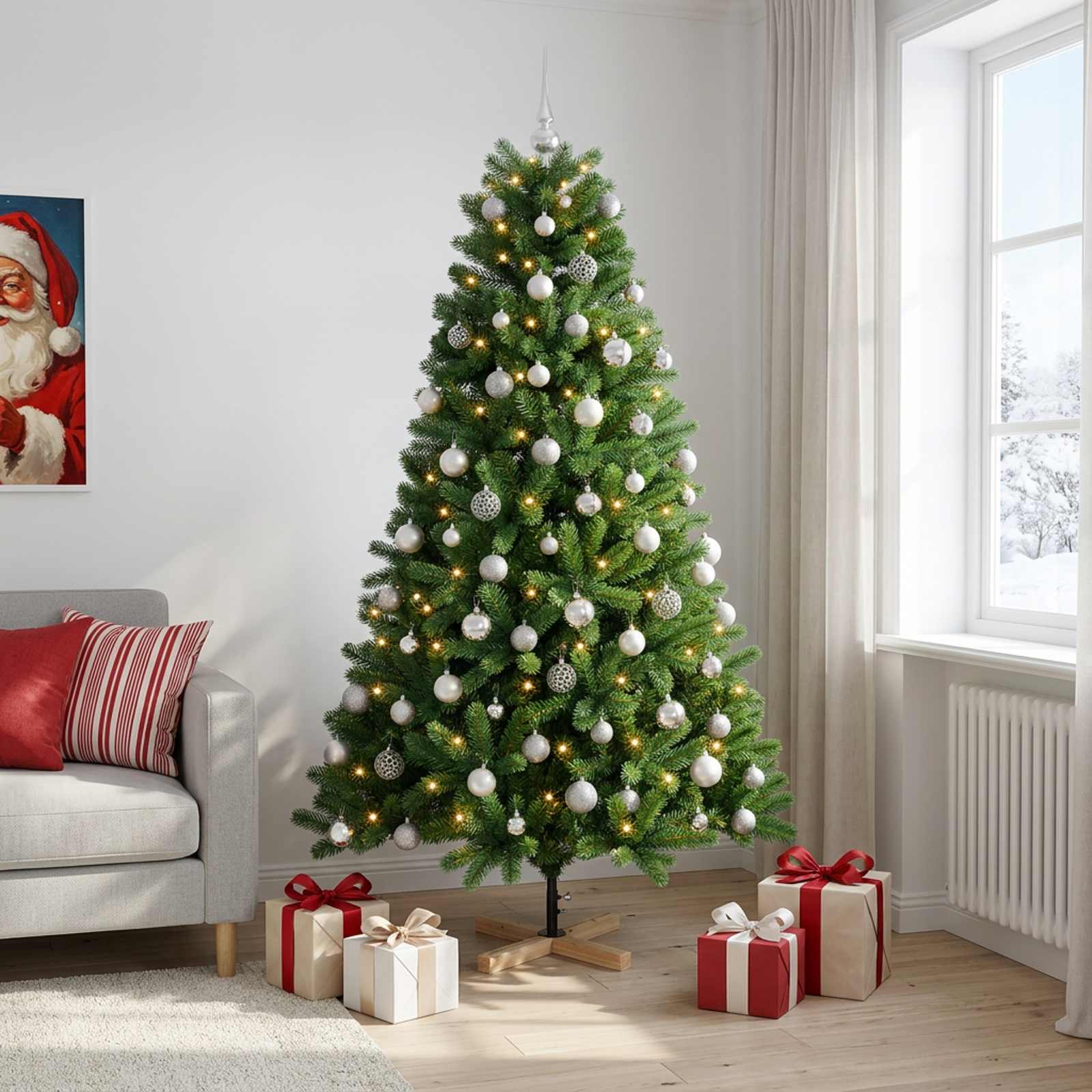 Umetna božična jelka z bučko 180 cm 300 LED Toplo bela PVC