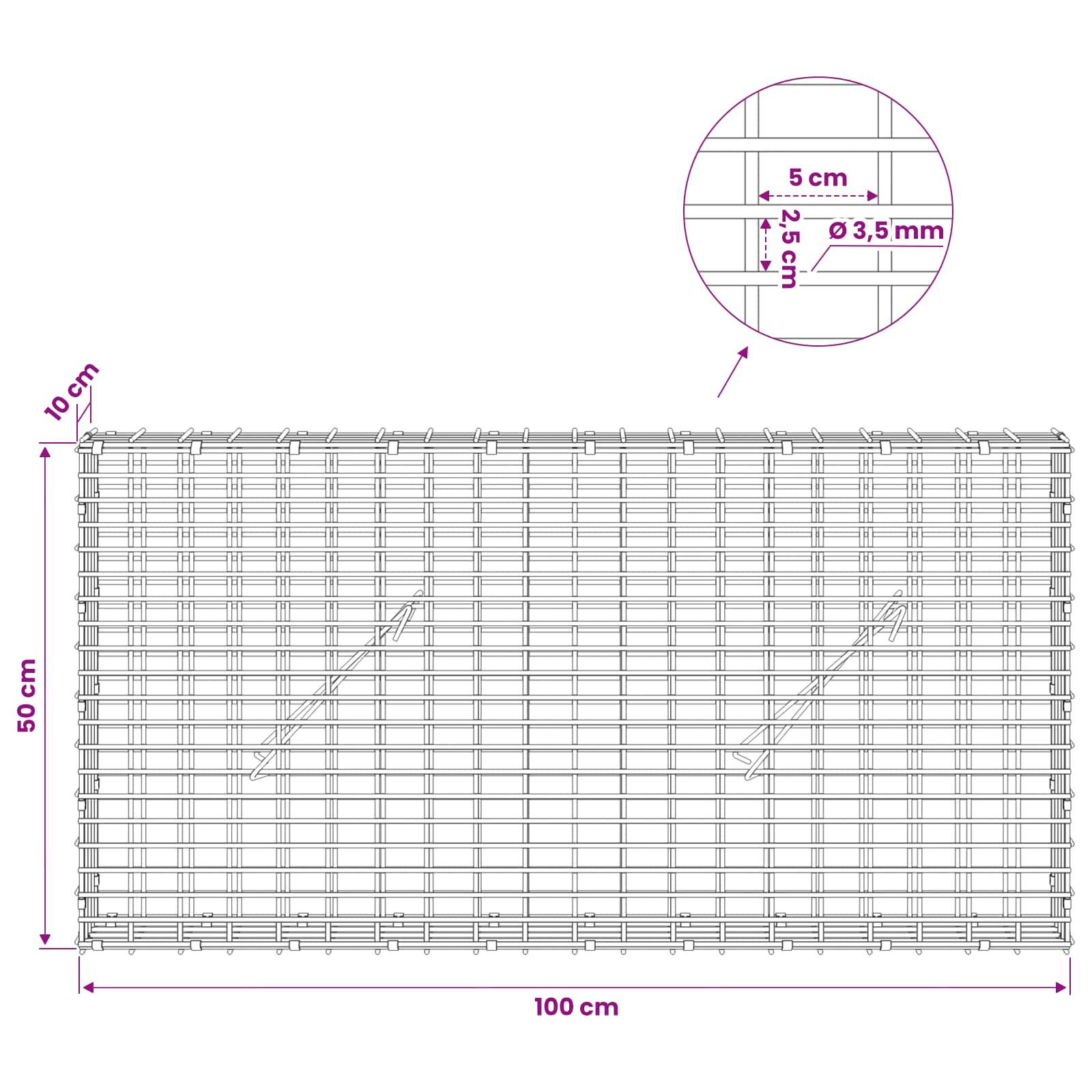 Gabion z žico 3,5 mm in mrežo 5x2,5 cm 100x10x50 cm
