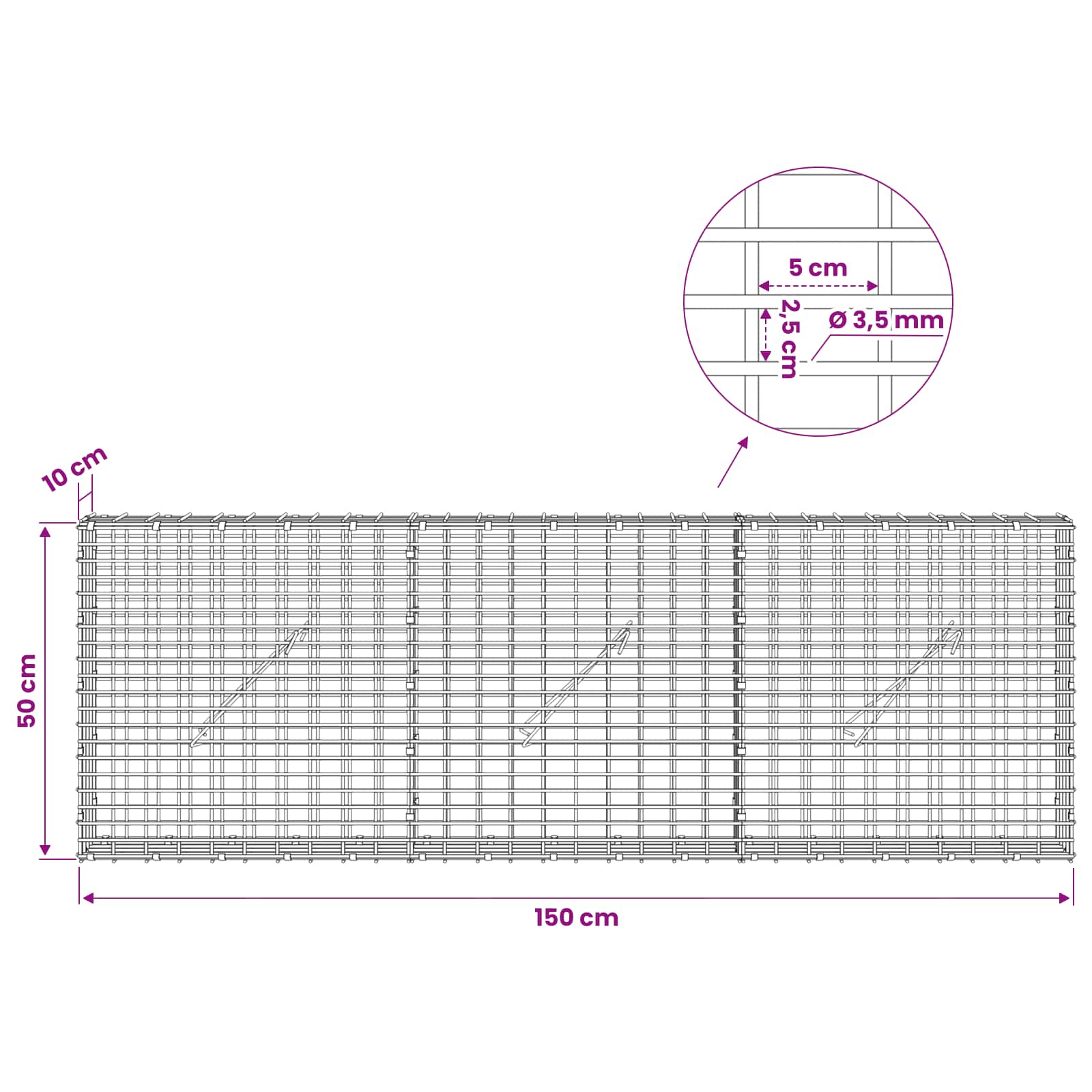 Gabion z žico 3,5 mm in mrežo 5x2,5 cm 150x10x50 cm