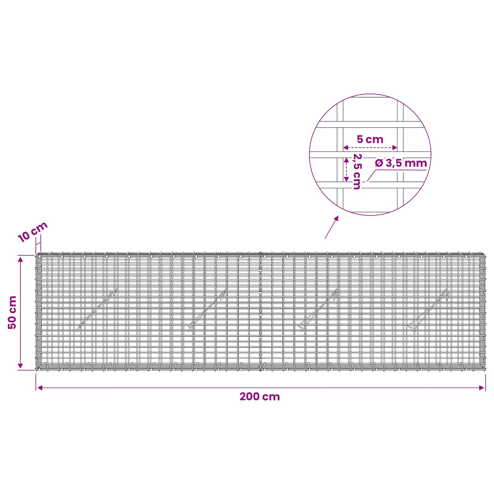 Gabion z žico 3,5 mm in mrežo 5x2,5 cm 200x10x50 cm