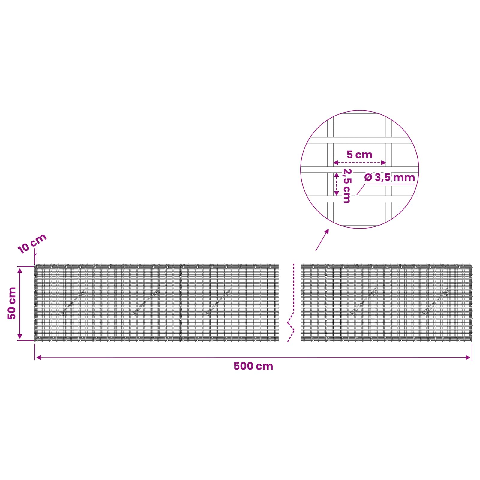 Gabion z žico 3,5 mm in mrežo 5x2,5 cm 500x10x50 cm