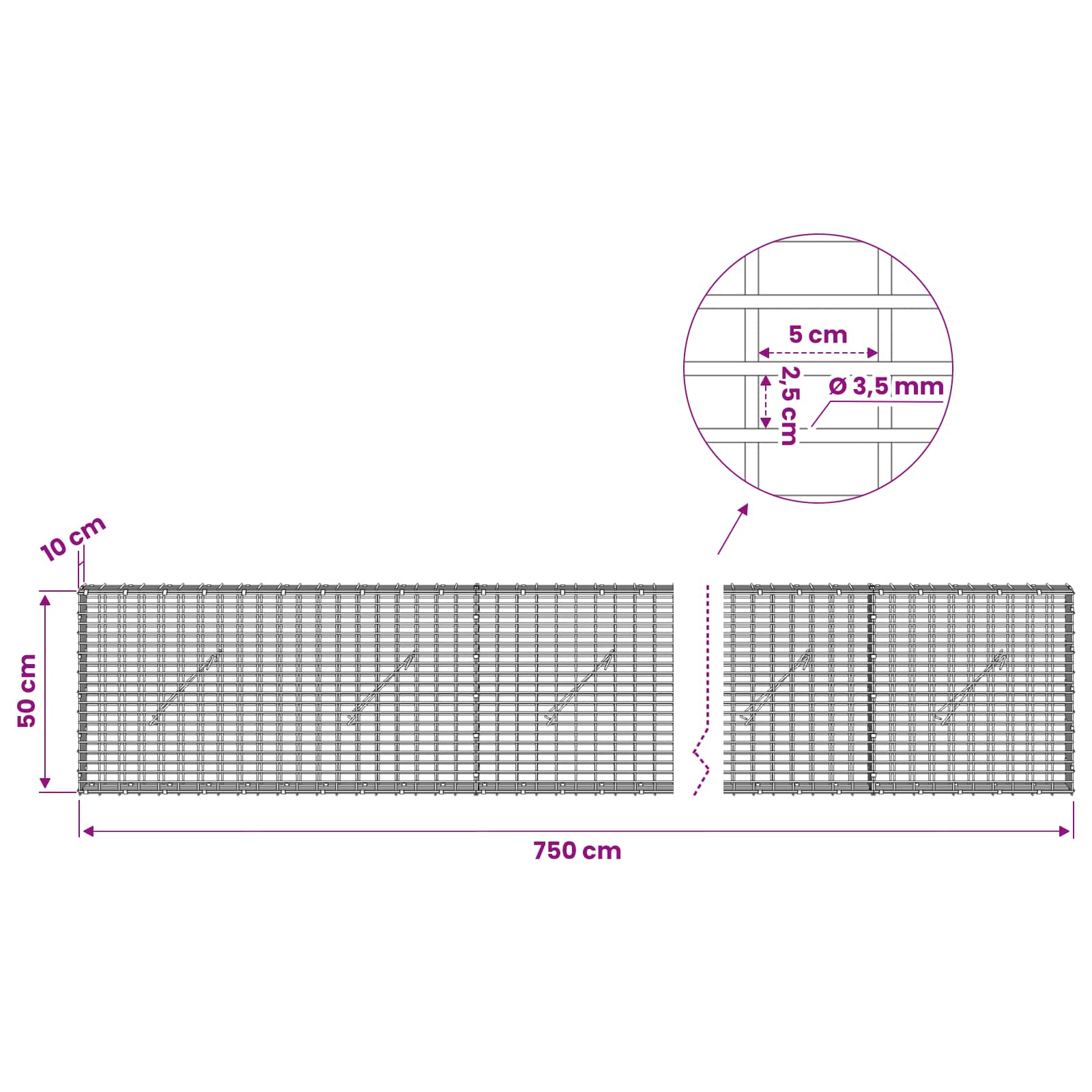 Gabion z žico 3,5 mm in mrežo 5x2,5 cm 750x10x50 cm