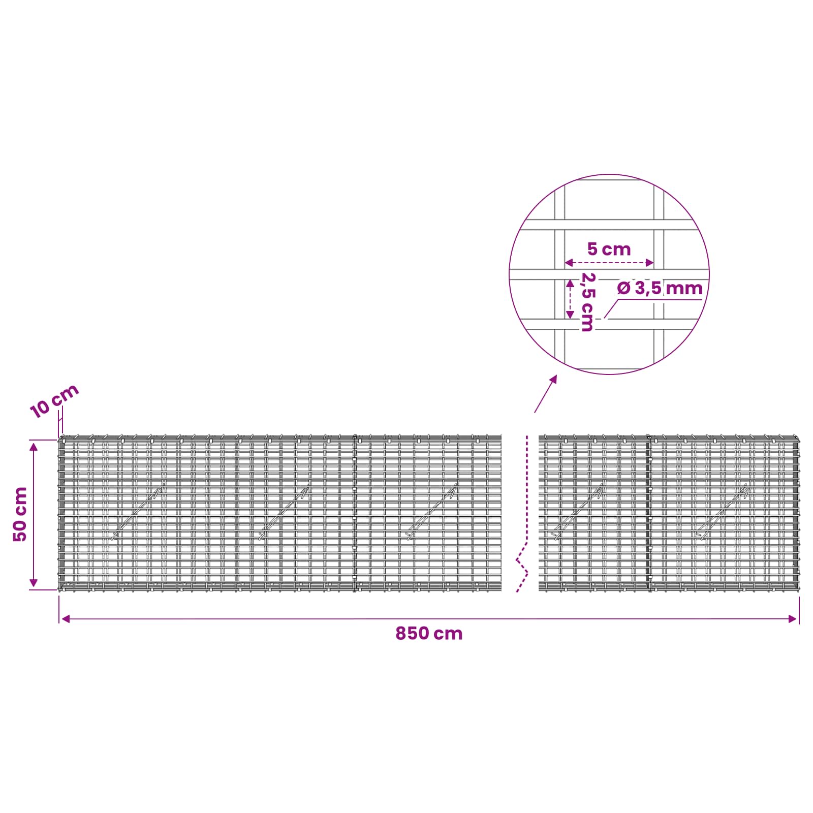 Gabion z žico 3,5 mm in mrežo 5x2,5 cm 850x10x50 cm