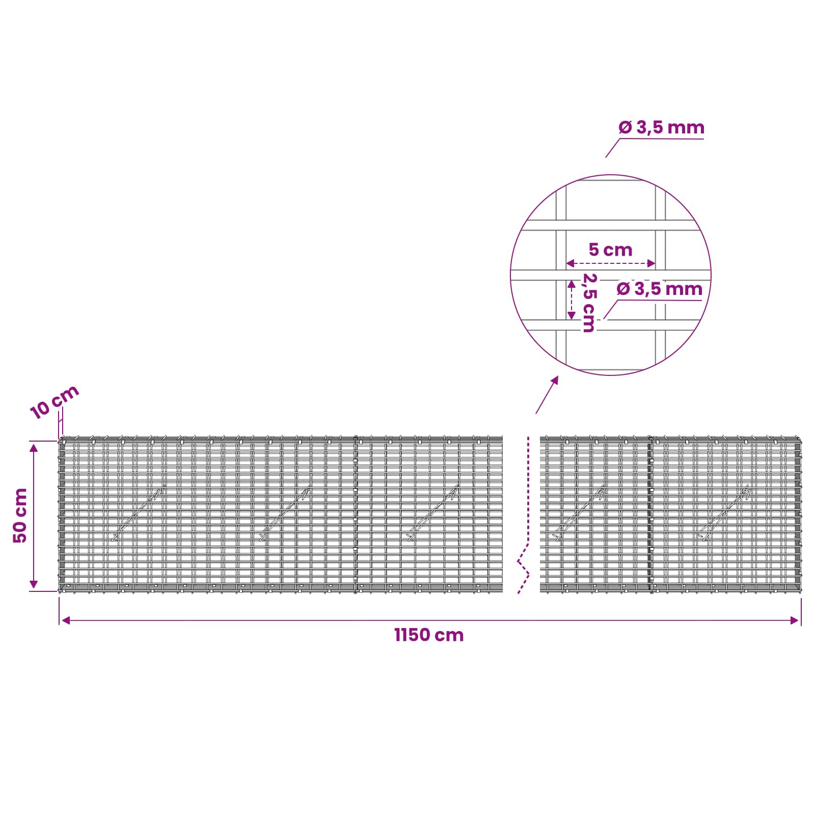 Gabion z žico 3,5 mm in mrežo 5x2,5 cm 1150x10x50 cm