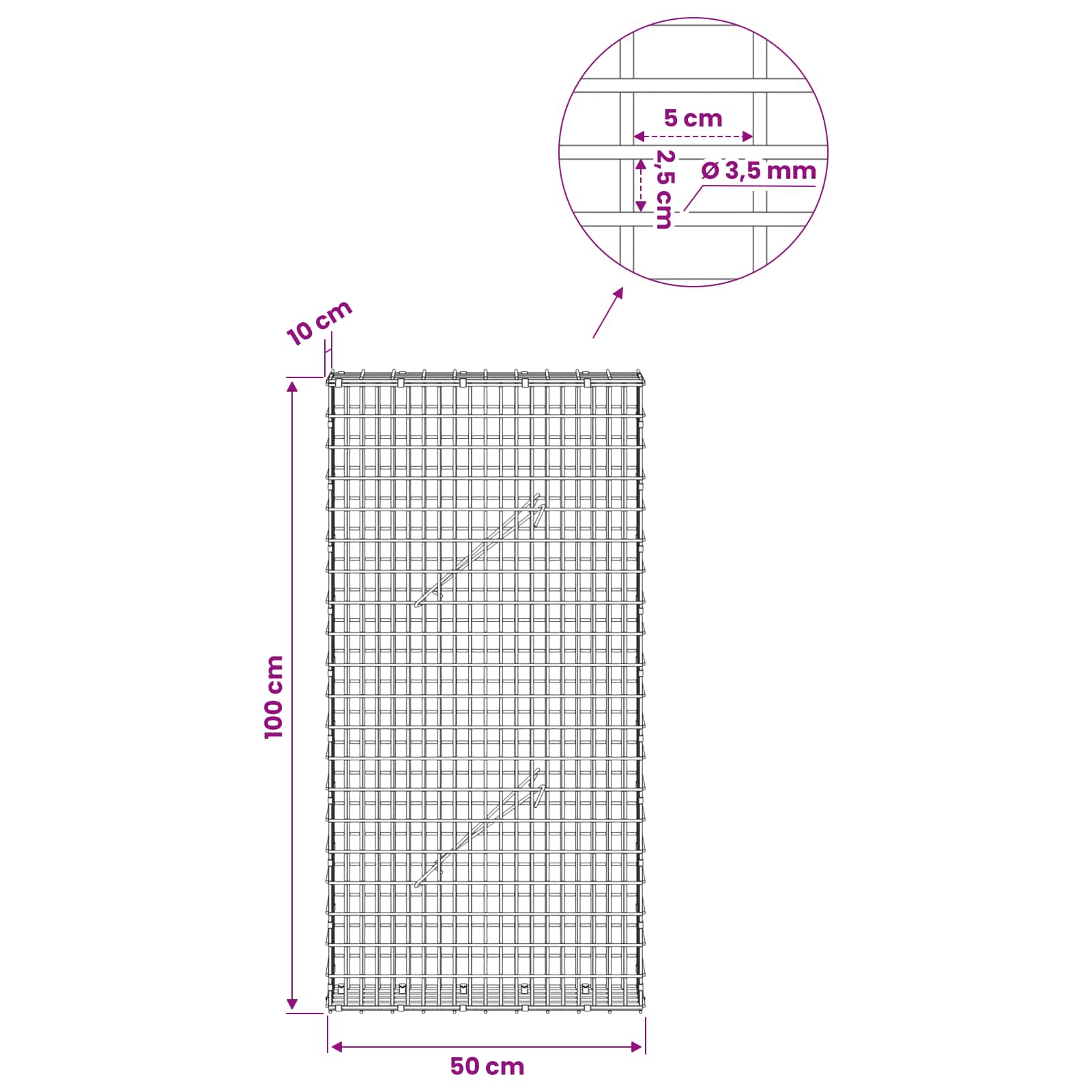 Gabion z žico 3,5 mm in mrežo 5x2,5 cm 50x10x100 cm