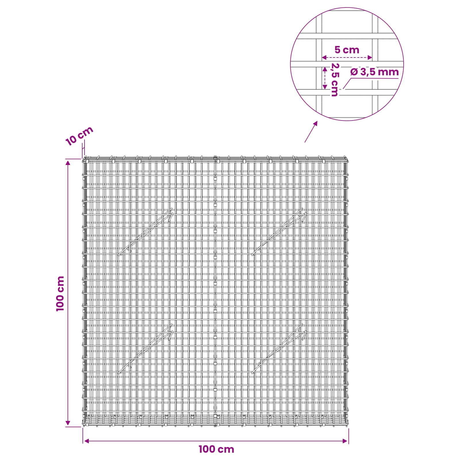 Gabion z žico 3,5 mm in mrežo 5x2,5 cm 100x10x100 cm