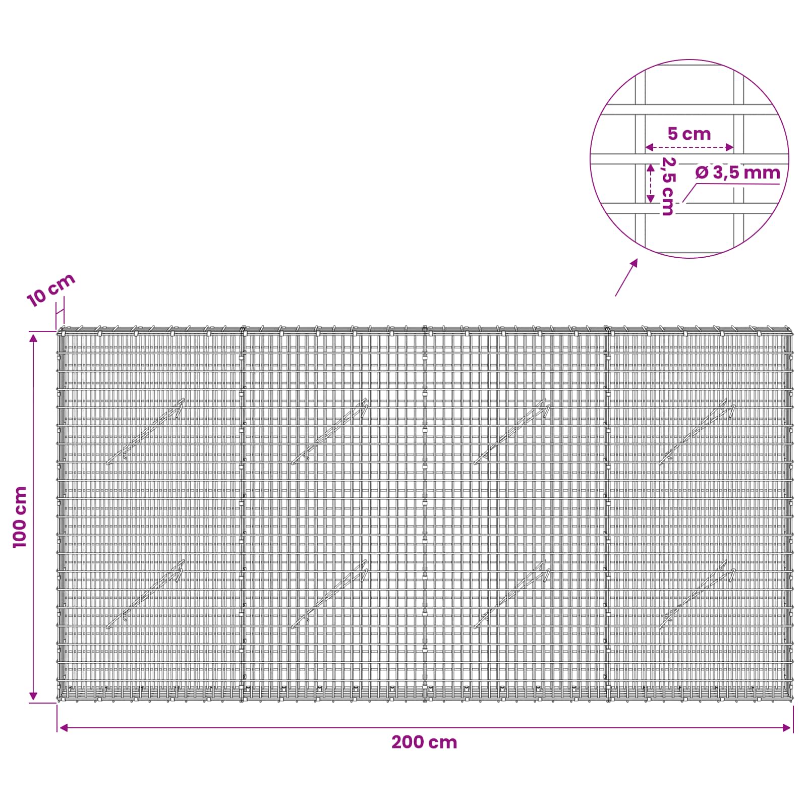Gabion z žico 3,5 mm in mrežo 5x2,5 cm 200x10x100 cm