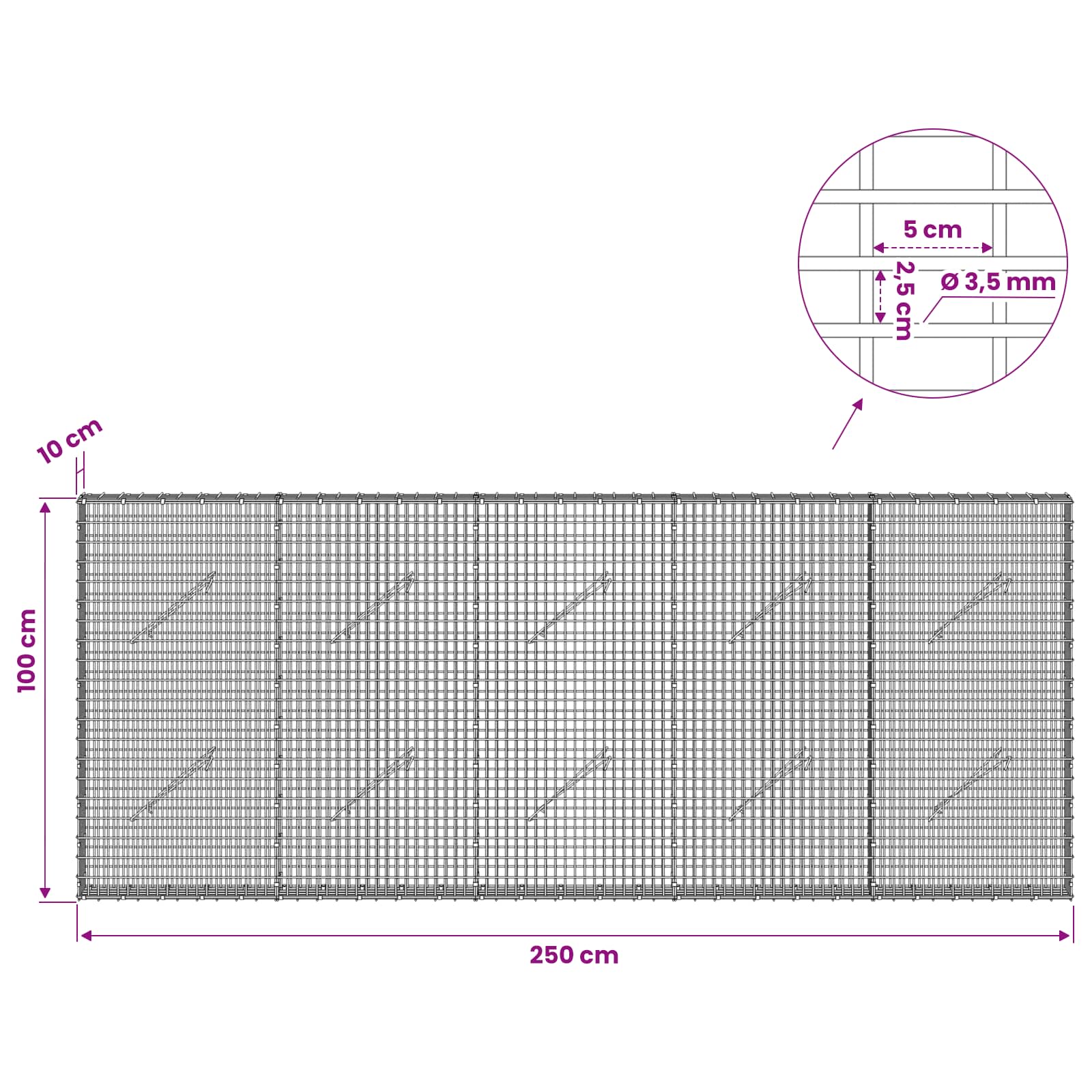 Gabion z žico 3,5 mm in mrežo 5x2,5 cm 250x10x100 cm