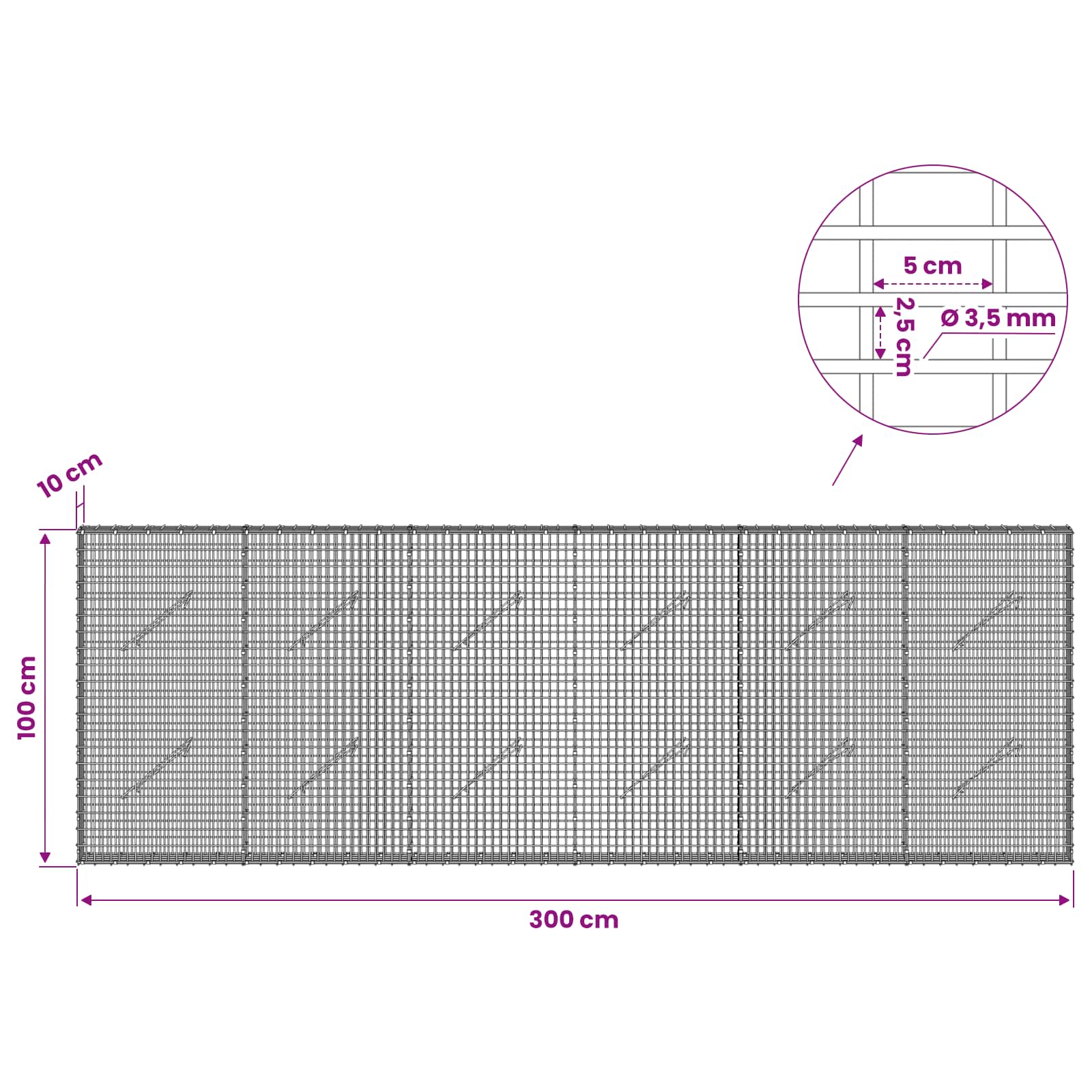 Gabion z žico 3,5 mm in mrežo 5x2,5 cm 300x10x100 cm