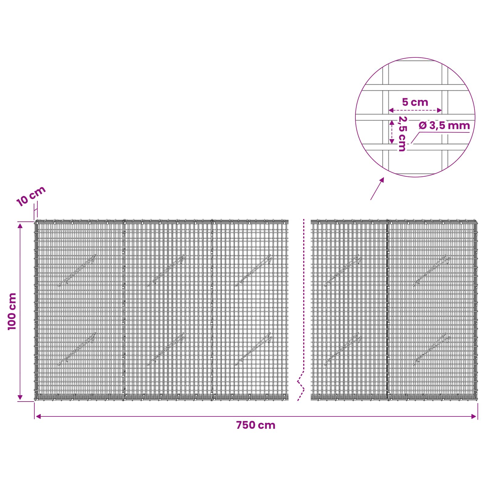 Gabion z žico 3,5 mm in mrežo 5x2,5 cm 750x10x100 cm