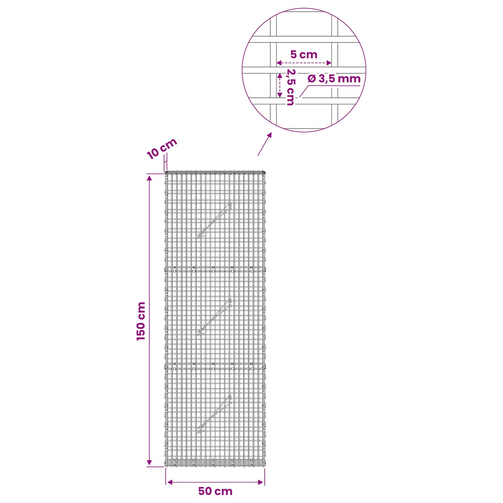 Gabion z žico 3,5 mm in mrežo 5x2,5 cm 50x10x150 cm