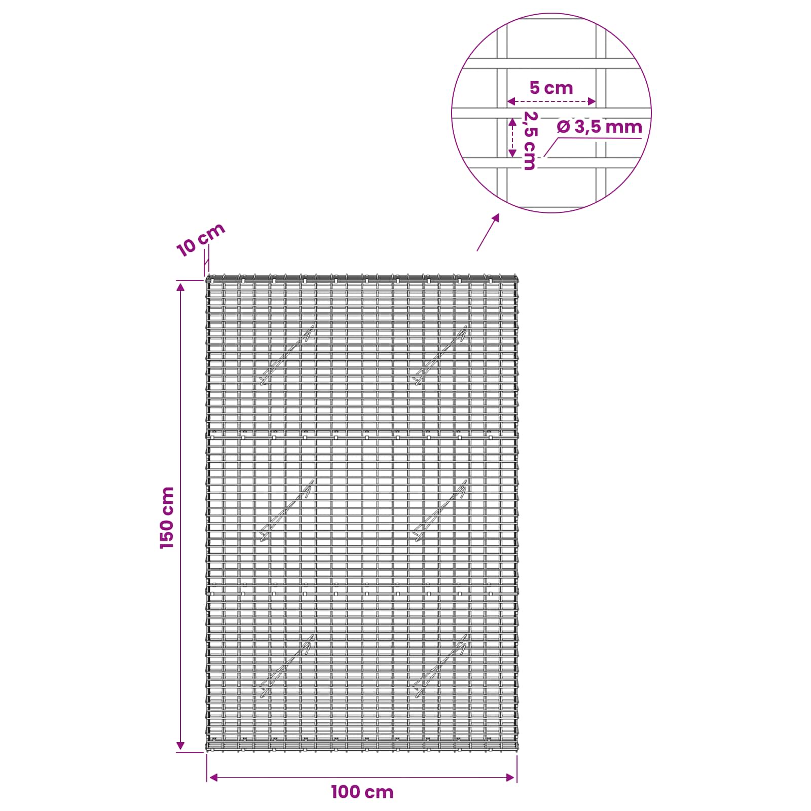 Gabion z žico 3,5 mm in mrežo 5x2,5 cm 100x10x150 cm