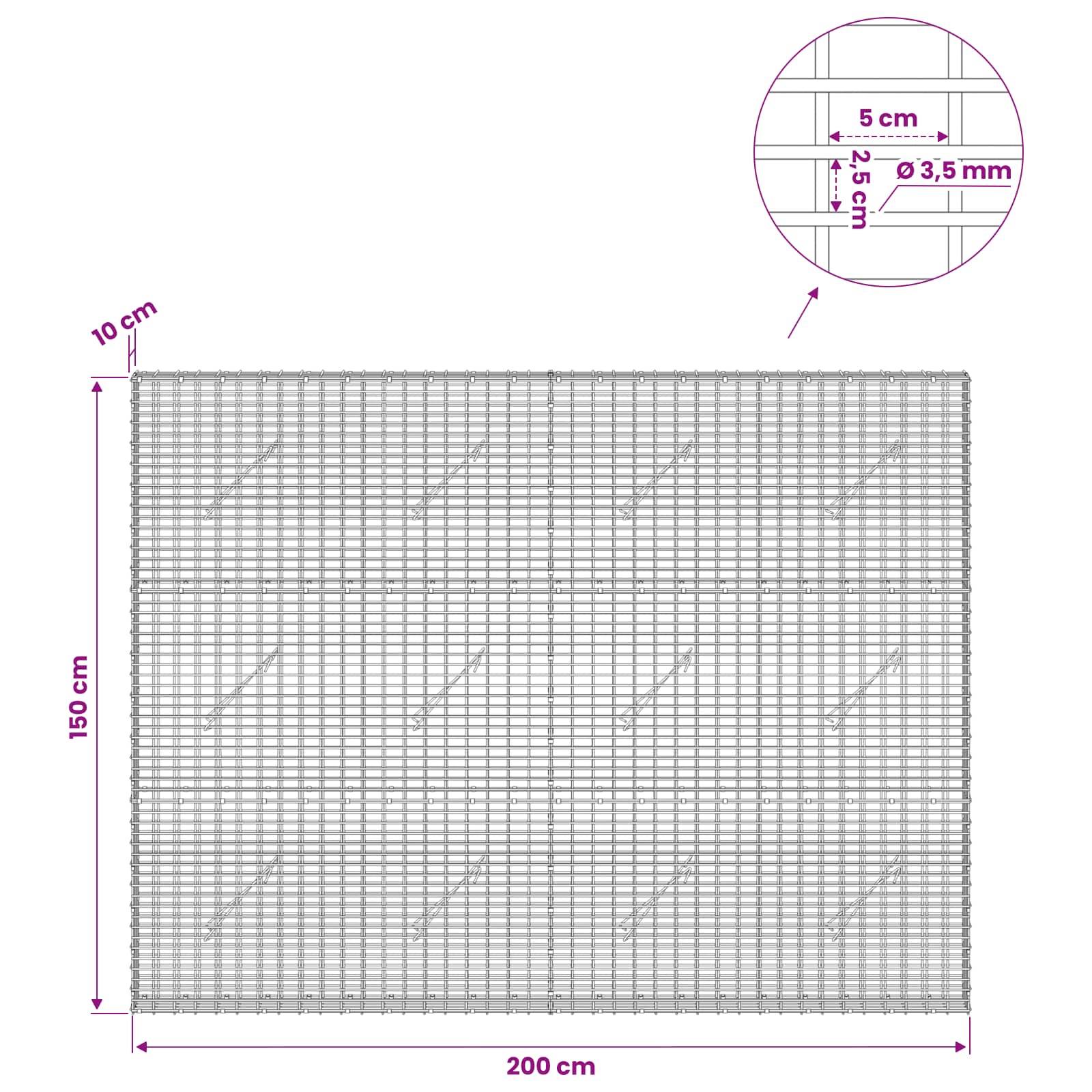 Gabion z žico 3,5 mm in mrežo 5x2,5 cm 200x10x150 cm