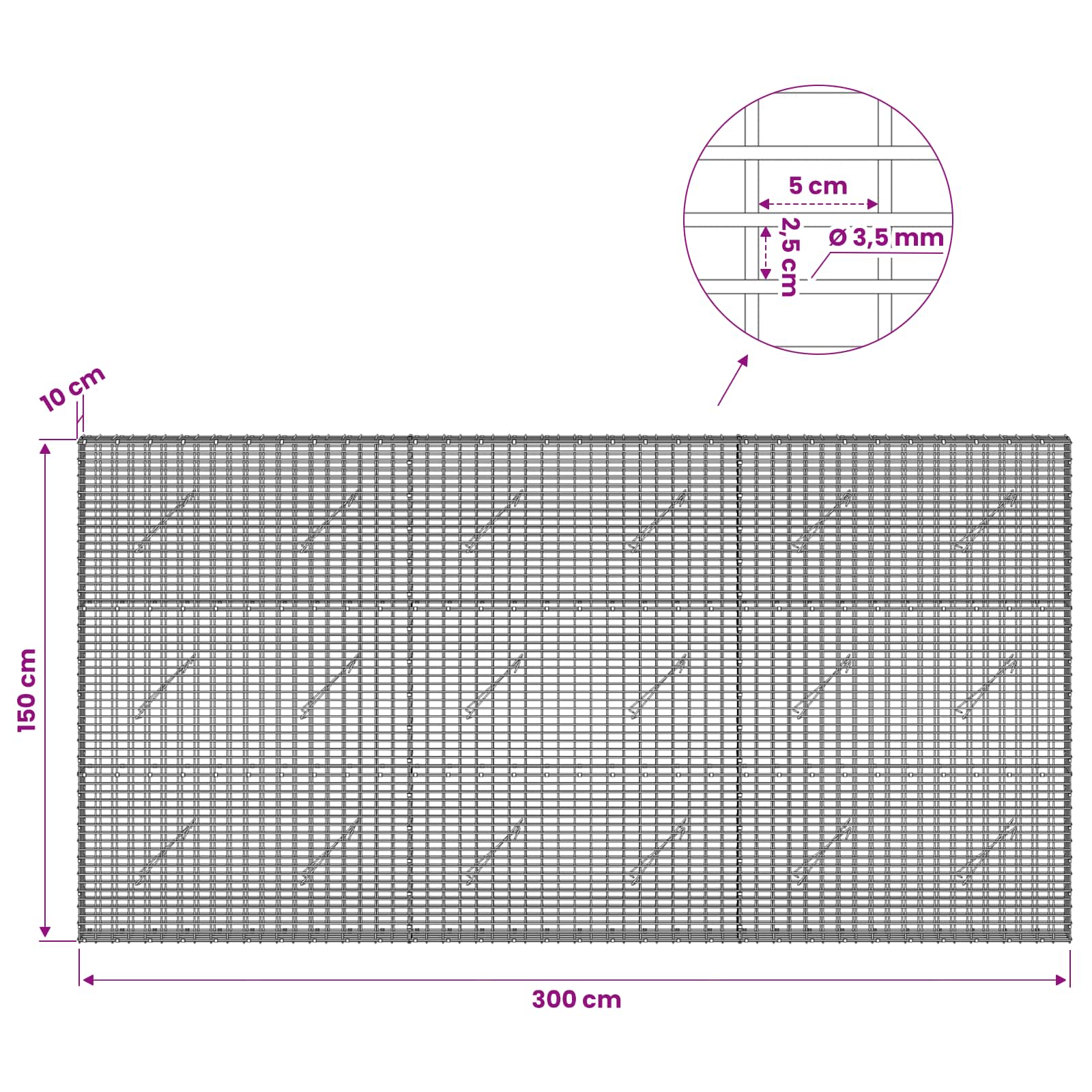 Gabion z žico 3,5 mm in mrežo 5x2,5 cm 300x10x150 cm