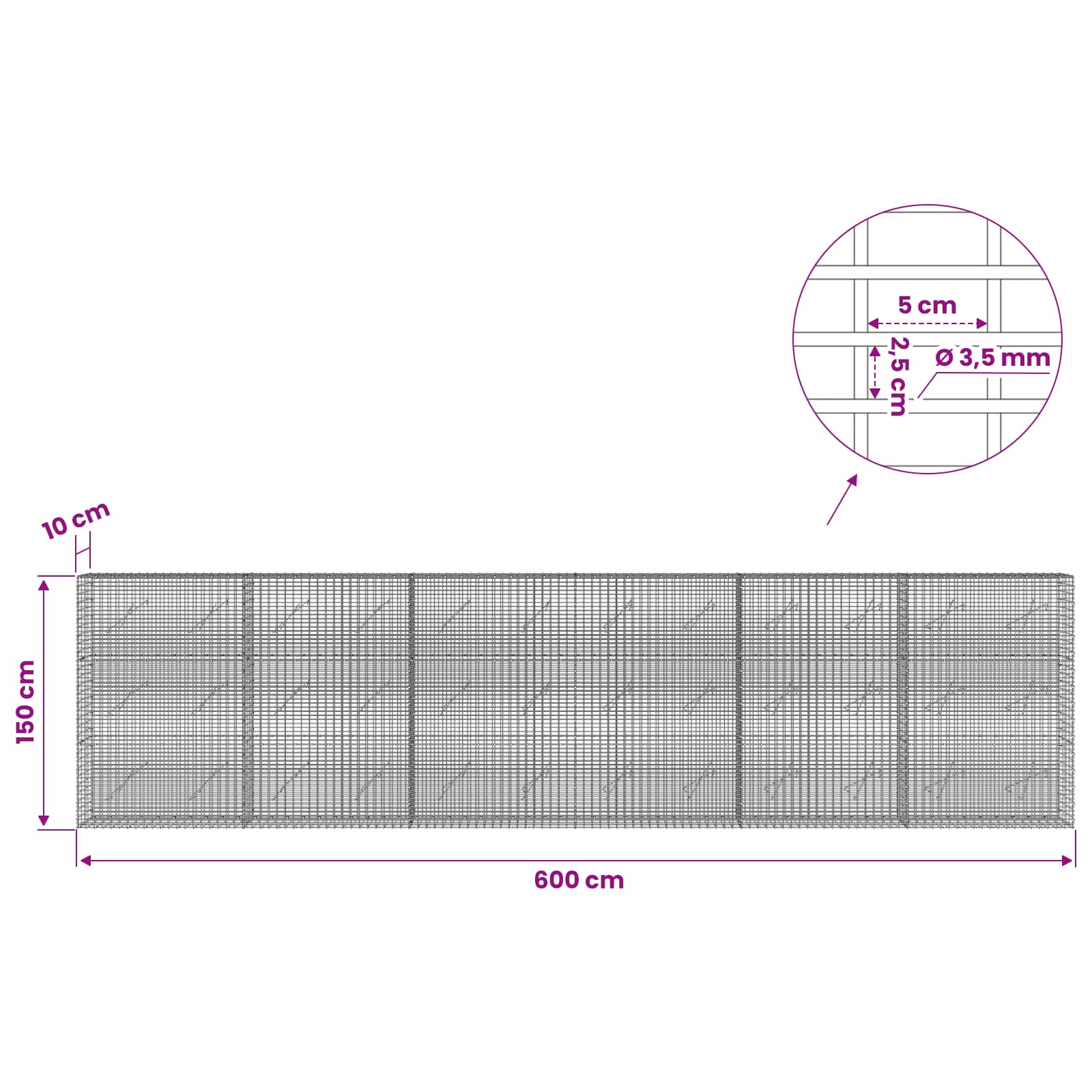 Gabion z žico 3,5 mm in mrežo 5x2,5 cm 600x10x150 cm