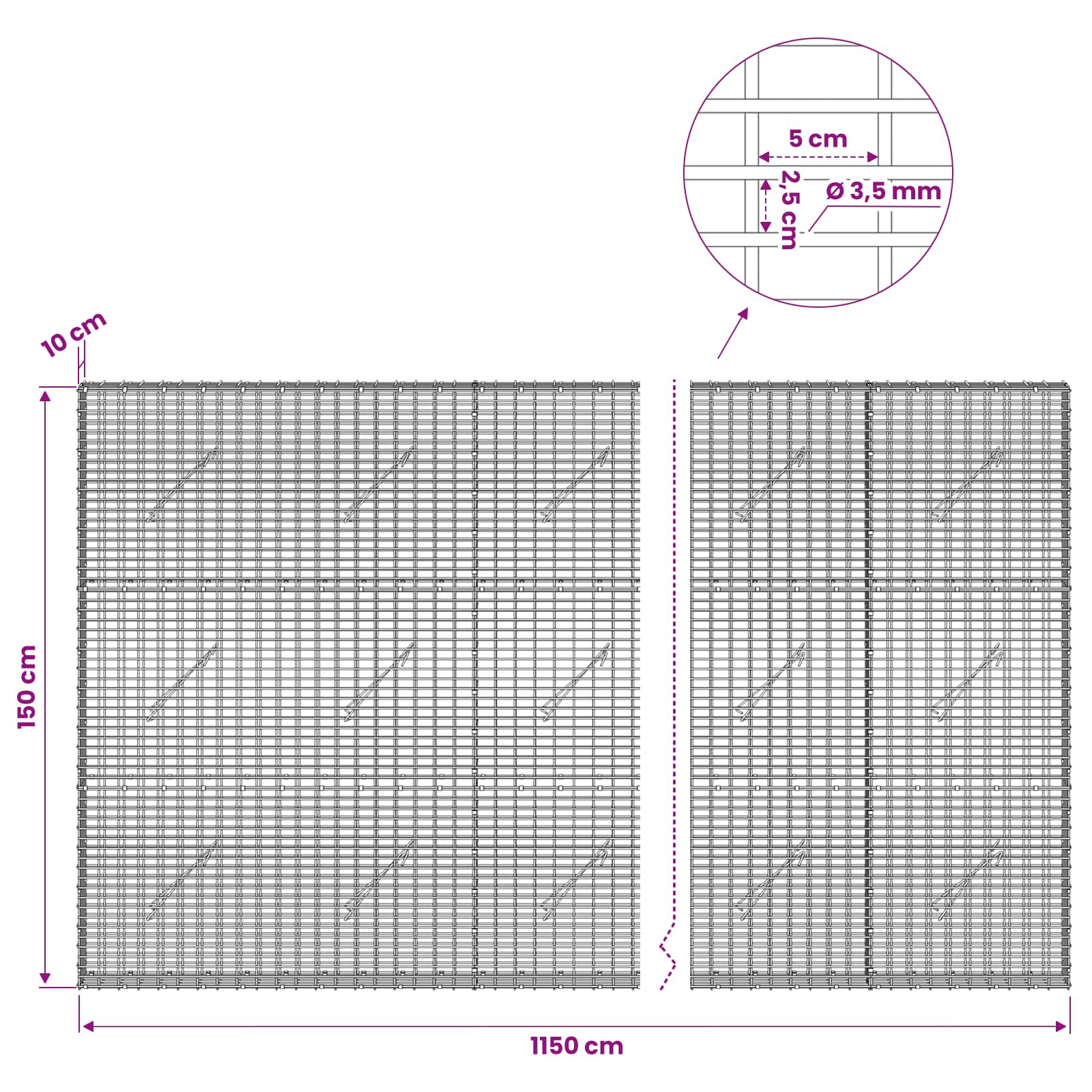 Gabion z žico 3,5 mm in mrežo 5x2,5 cm 1150x10x150 cm