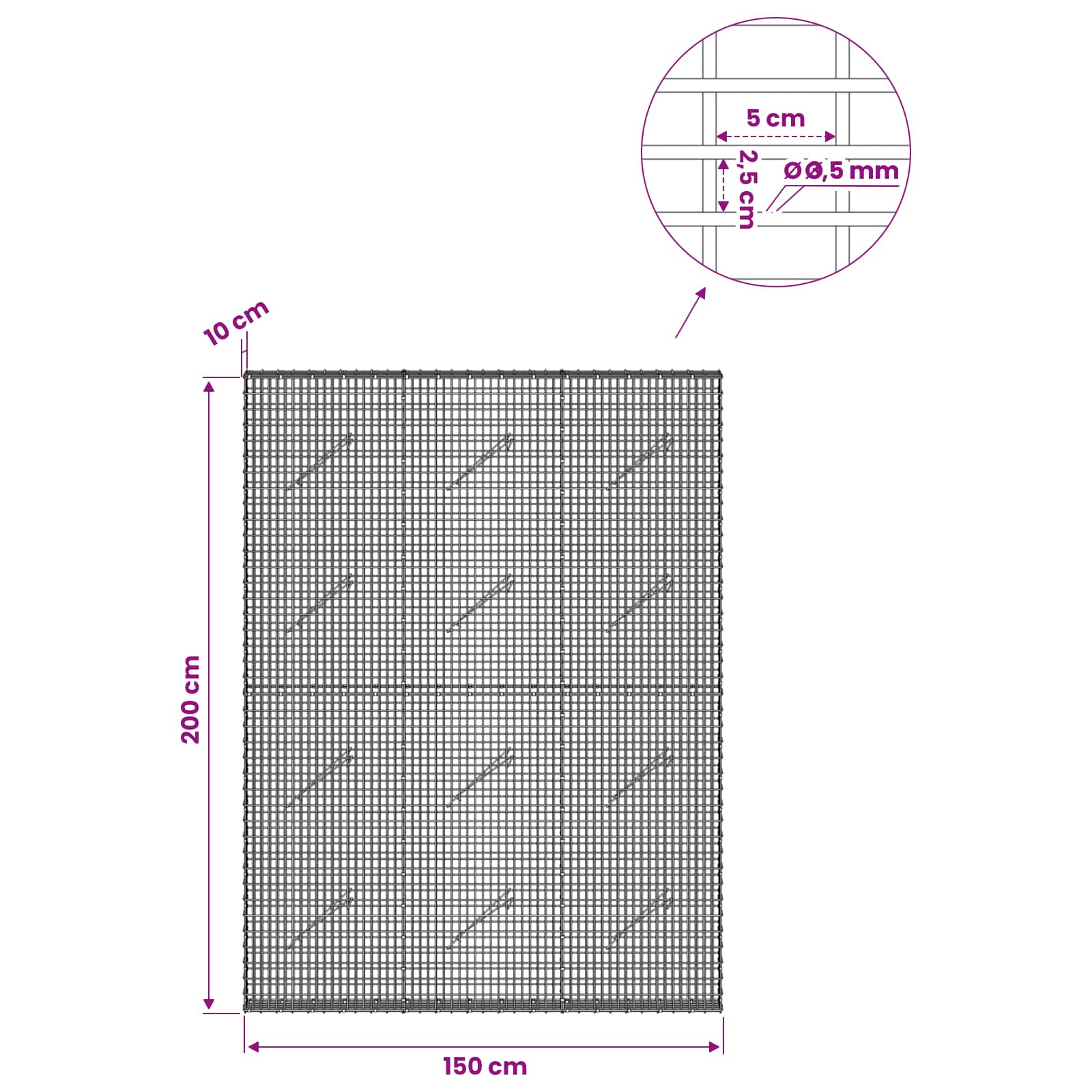 Gabion z žico 3,5 mm in mrežo 5x2,5 cm 150x10x200 cm