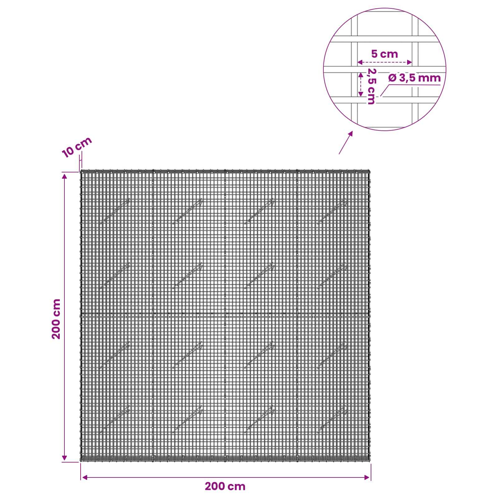 Gabion z žico 3,5 mm in mrežo 5x2,5 cm 200x10x200 cm