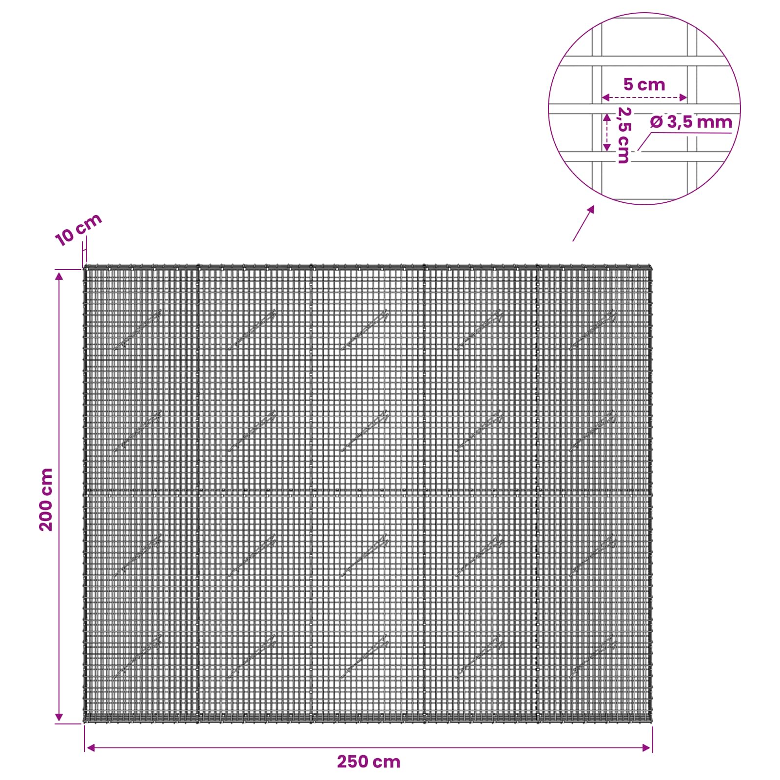 Gabion z žico 3,5 mm in mrežo 5x2,5 cm 250x10x200 cm